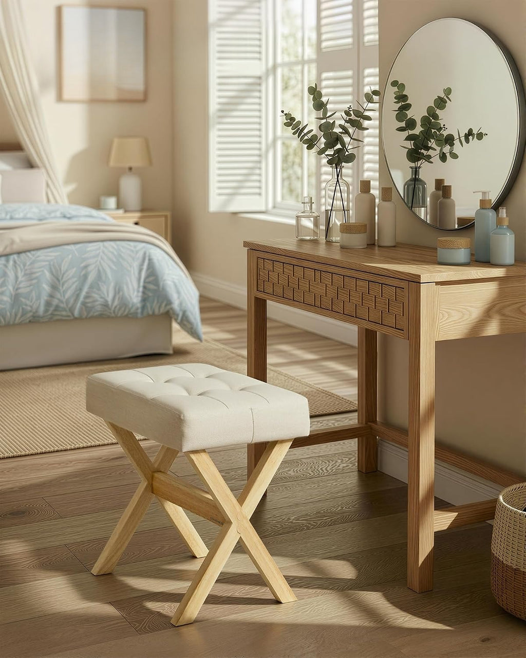Wood X-Leg Padded Vanity Stool