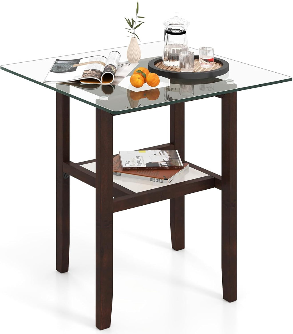 2-Tier Glass Wood Frame Side Table