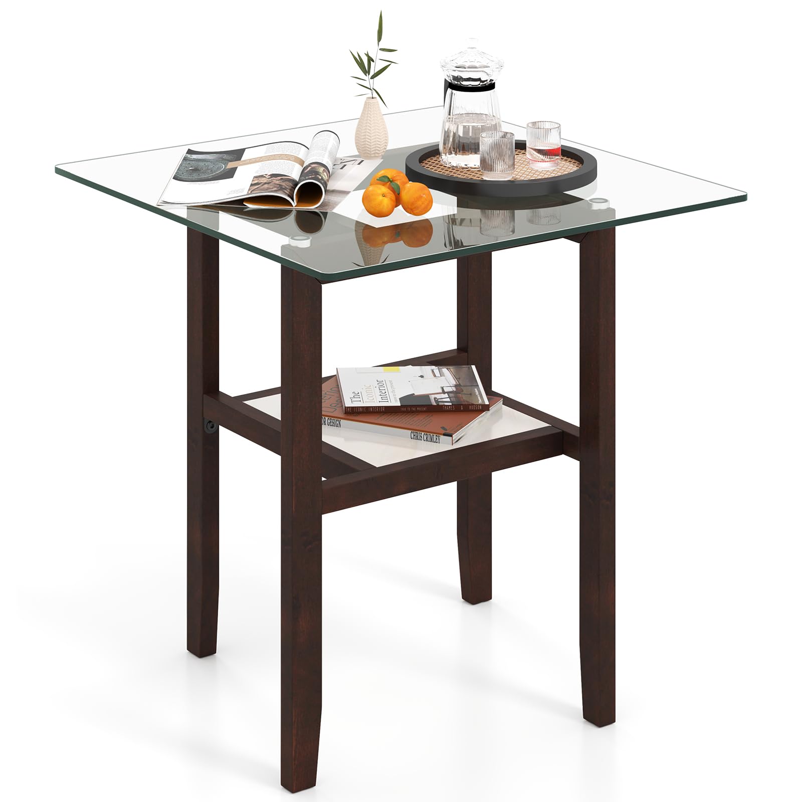 2-Tier Glass Wood Frame Side Table