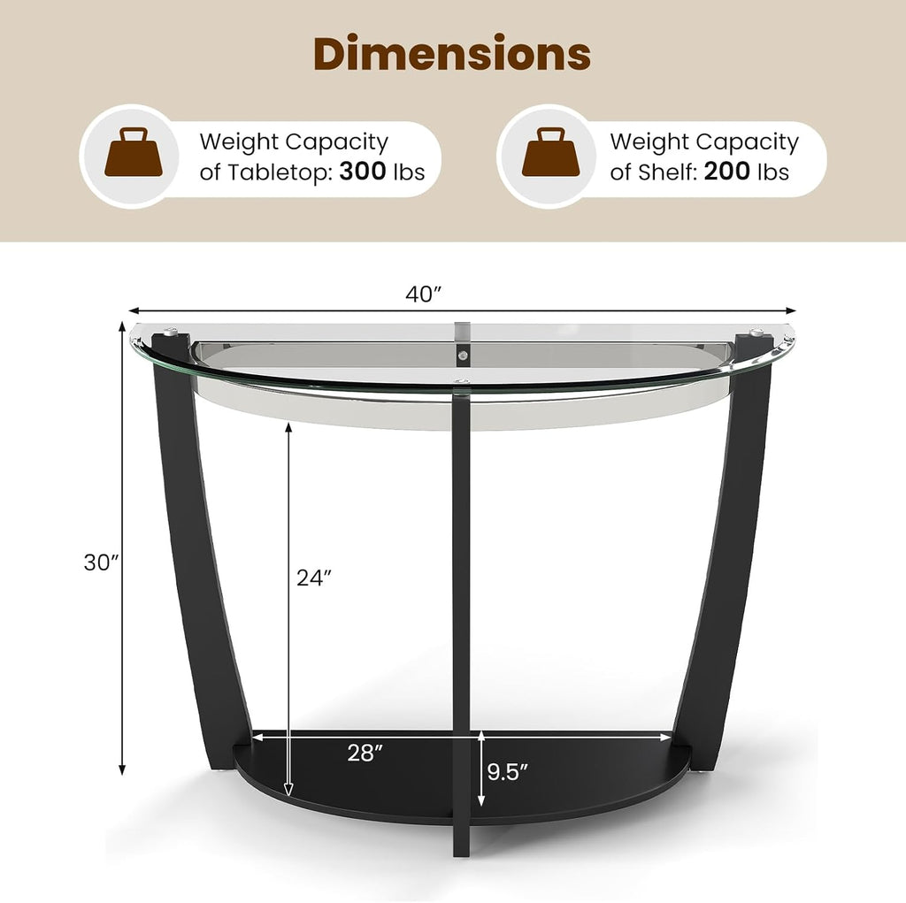 2-Tier Half Moon Glass Console Table