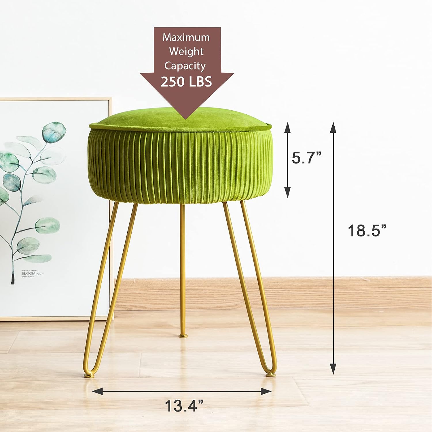 Pleated Velvet Metal Leg Vanity Stool