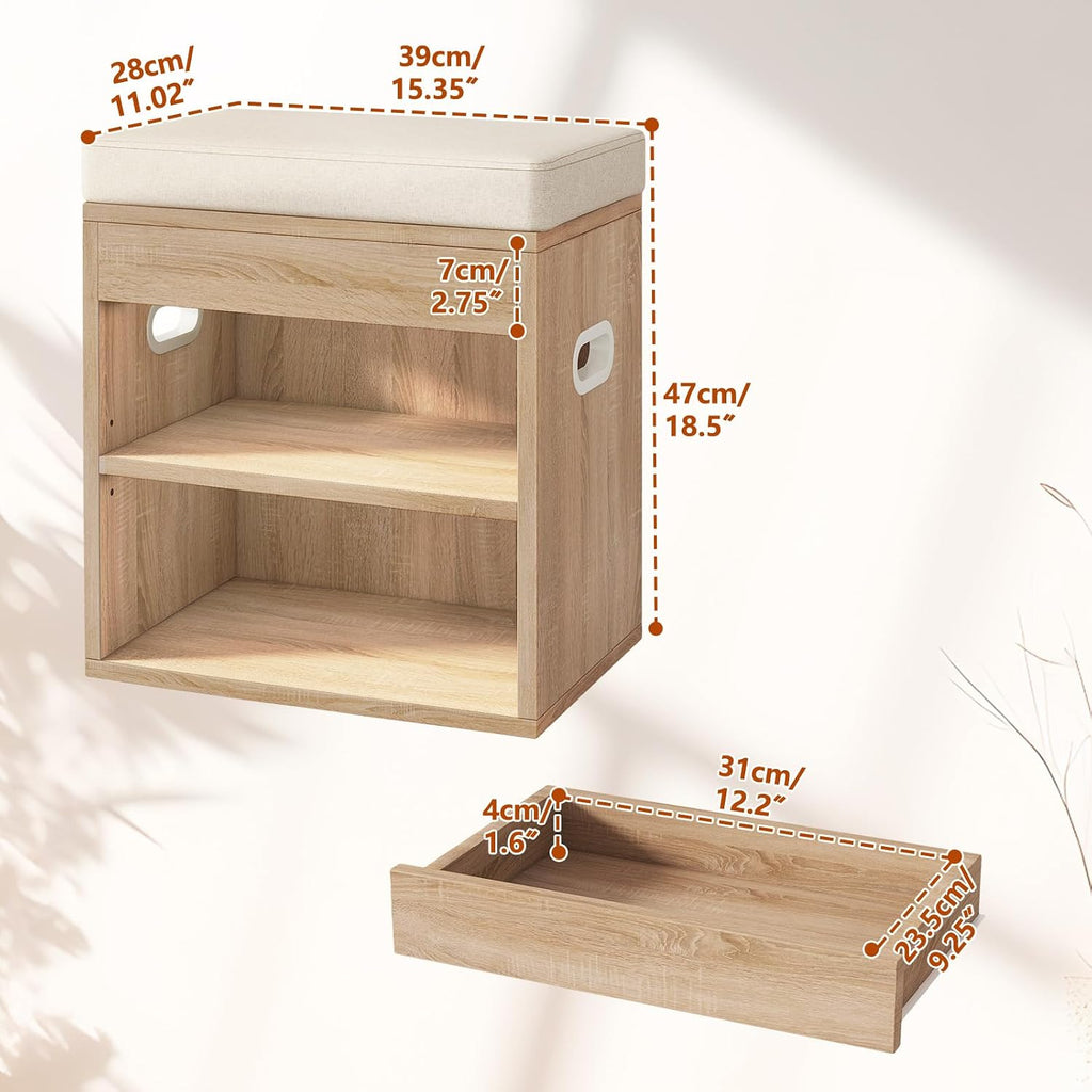 Wood Cushioned Drawer Shoe Storage Bench