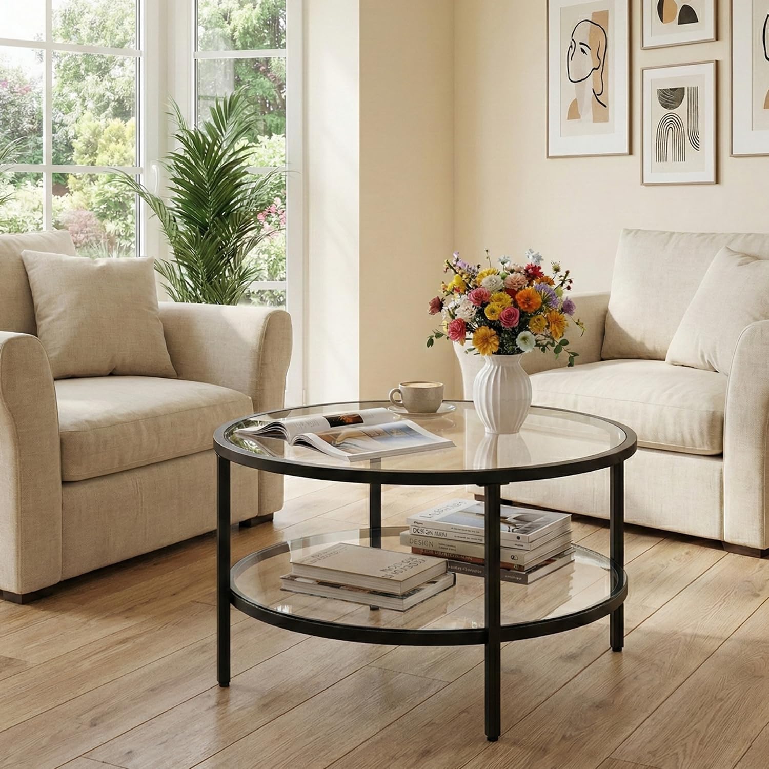 2-Tier Round Glass Metal End Table
