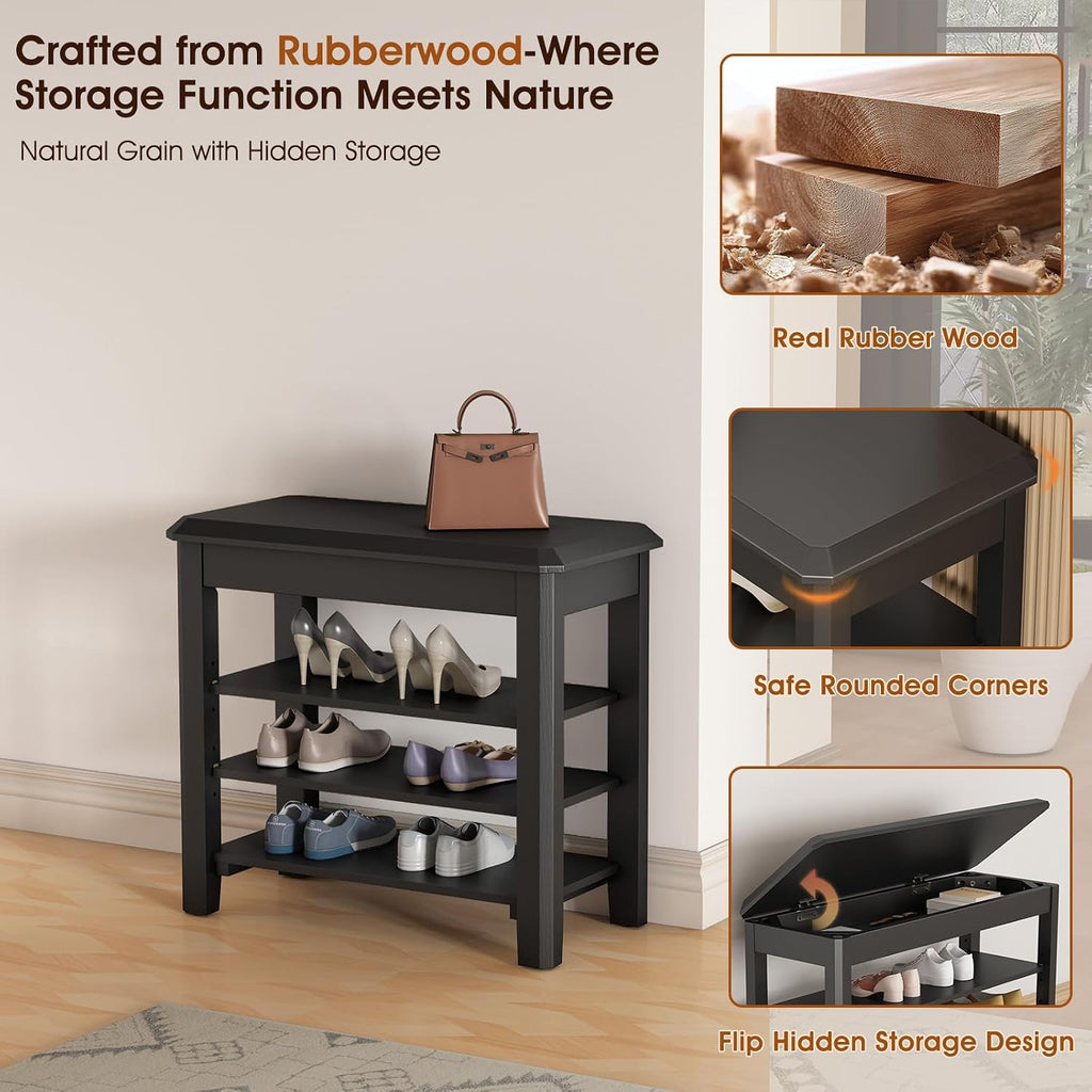 3-Tier Rubberwood Entryway Shoe Bench