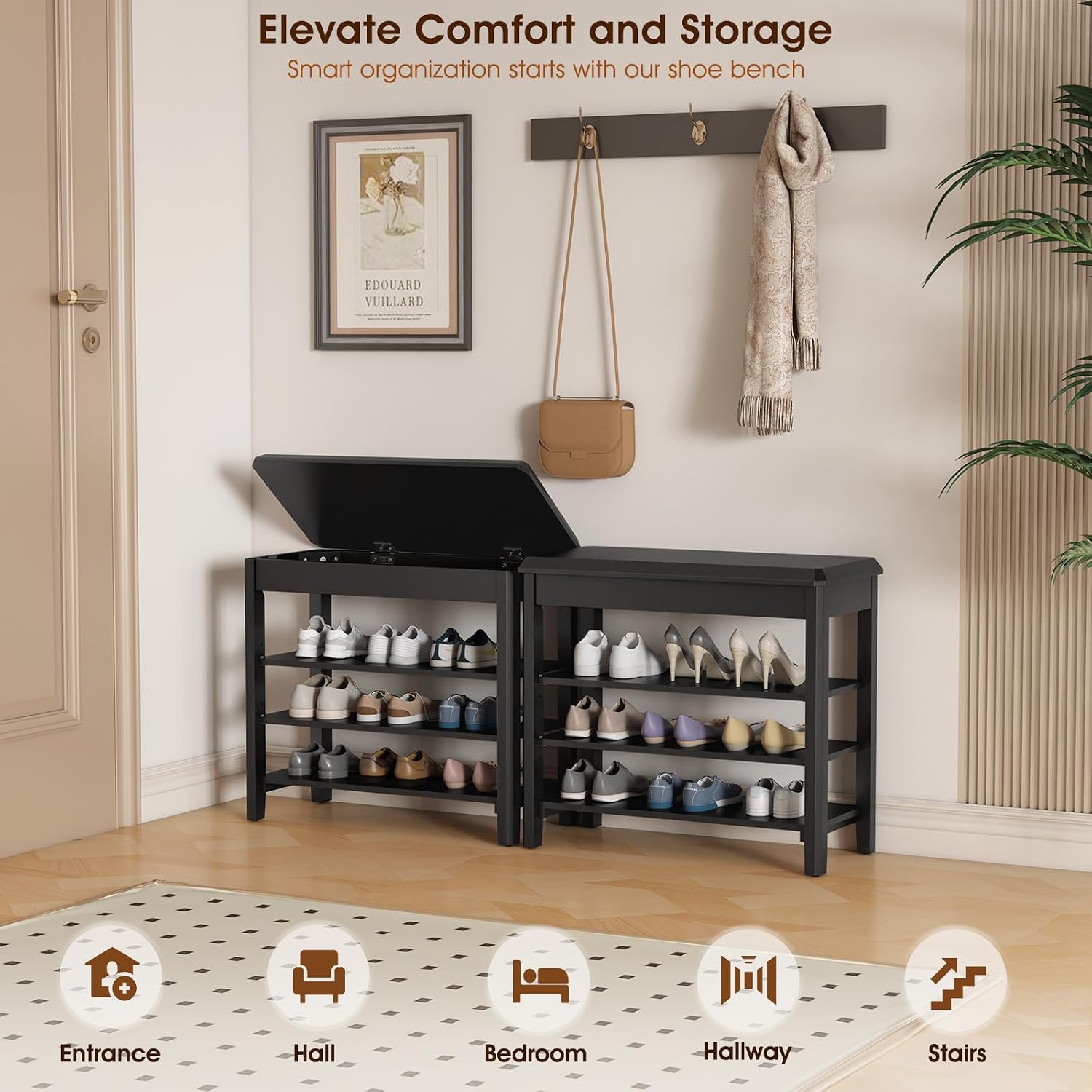 3-Tier Rubberwood Entryway Shoe Bench