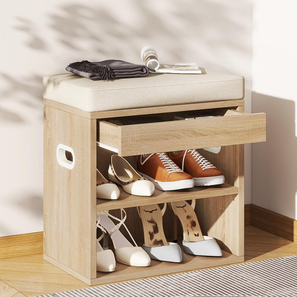 Wood Cushioned Drawer Shoe Storage Bench