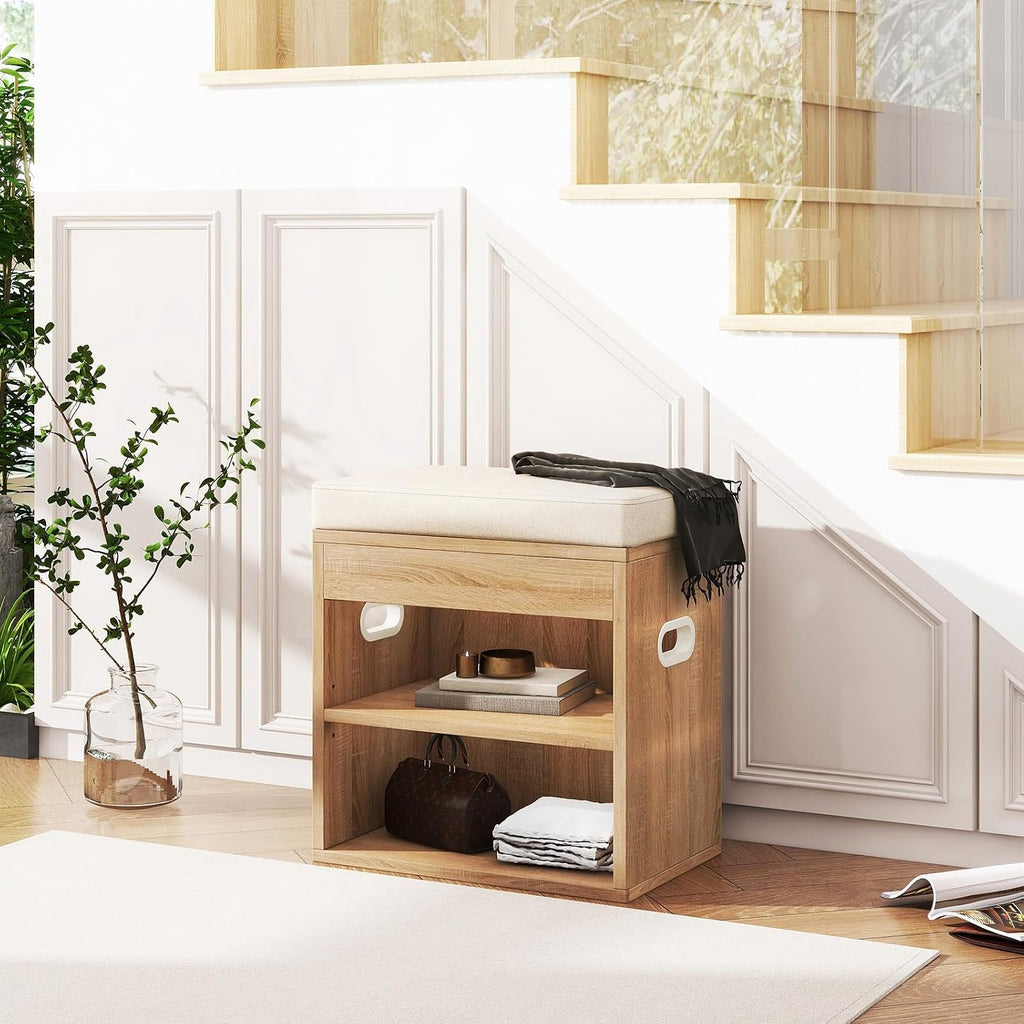 Wood Cushioned Drawer Shoe Storage Bench
