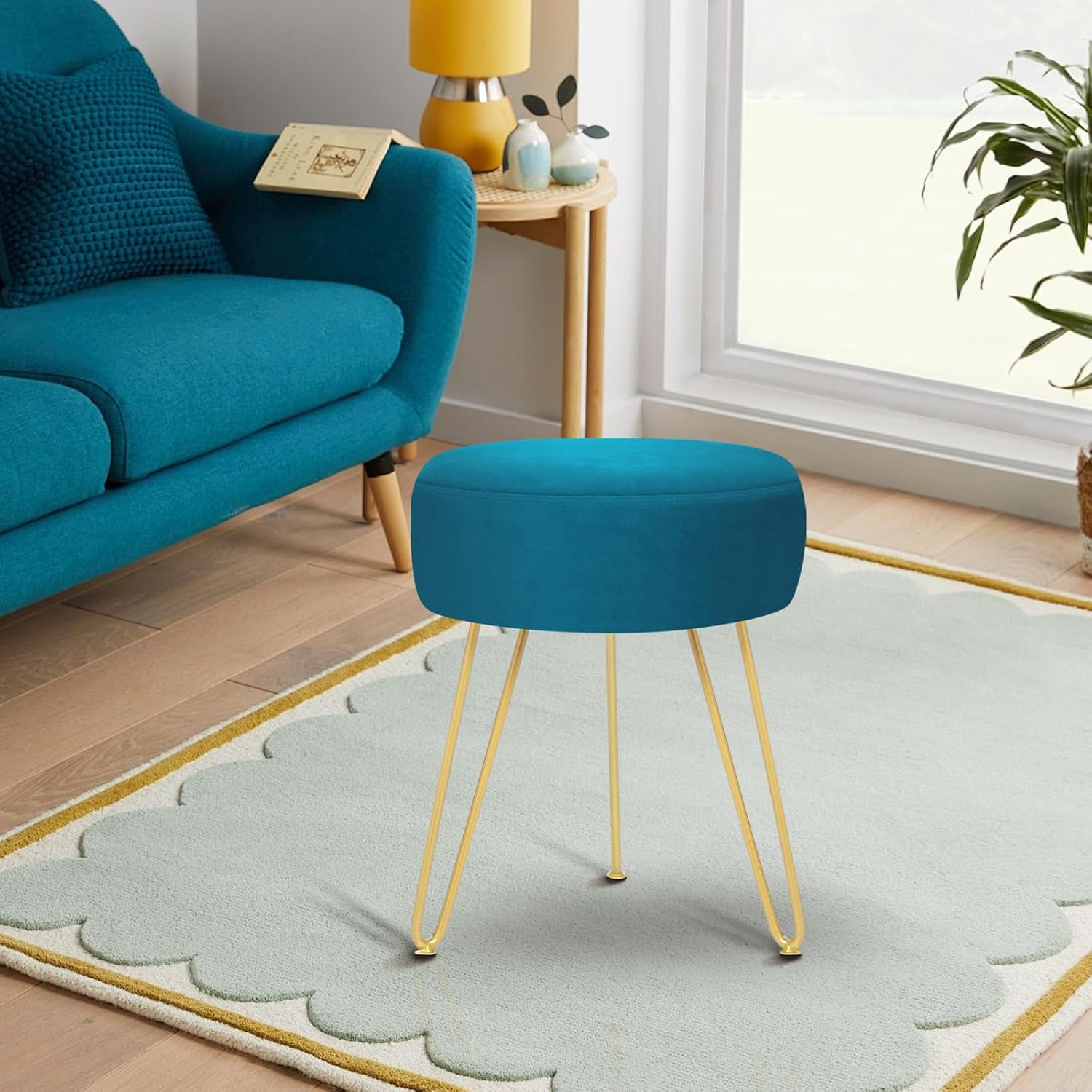 Round Velvet Golden Leg Vanity Stool