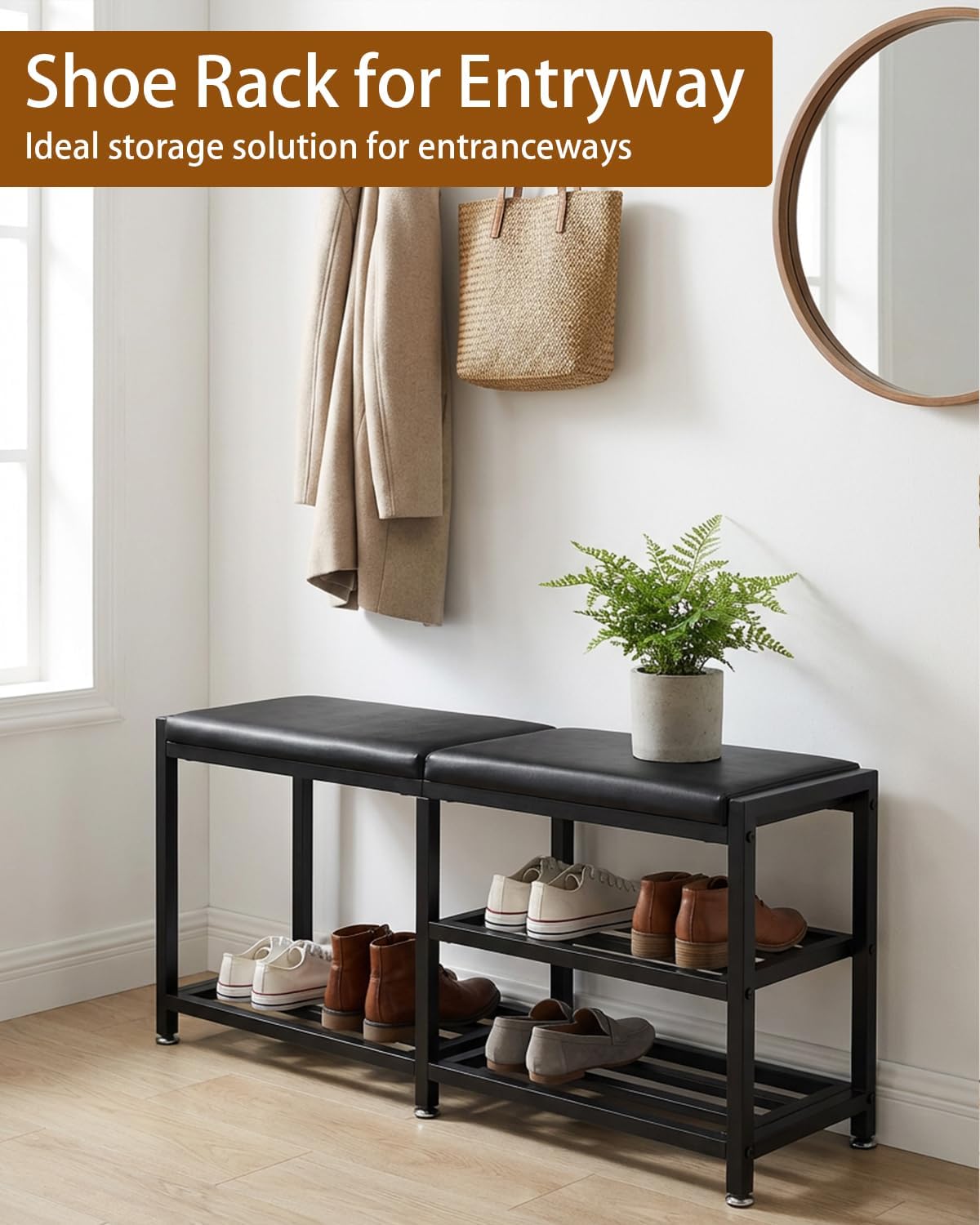 Iron Padded Entryway Shoe Bench Rack