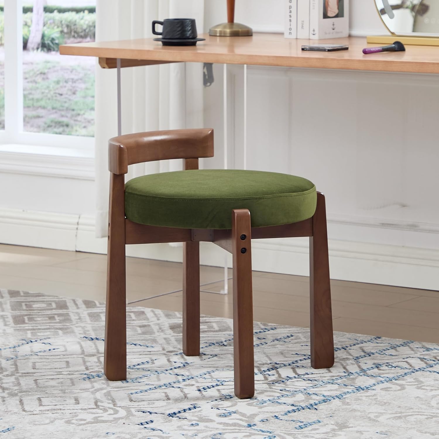 Wood Leg Velvet Round Vanity Stool