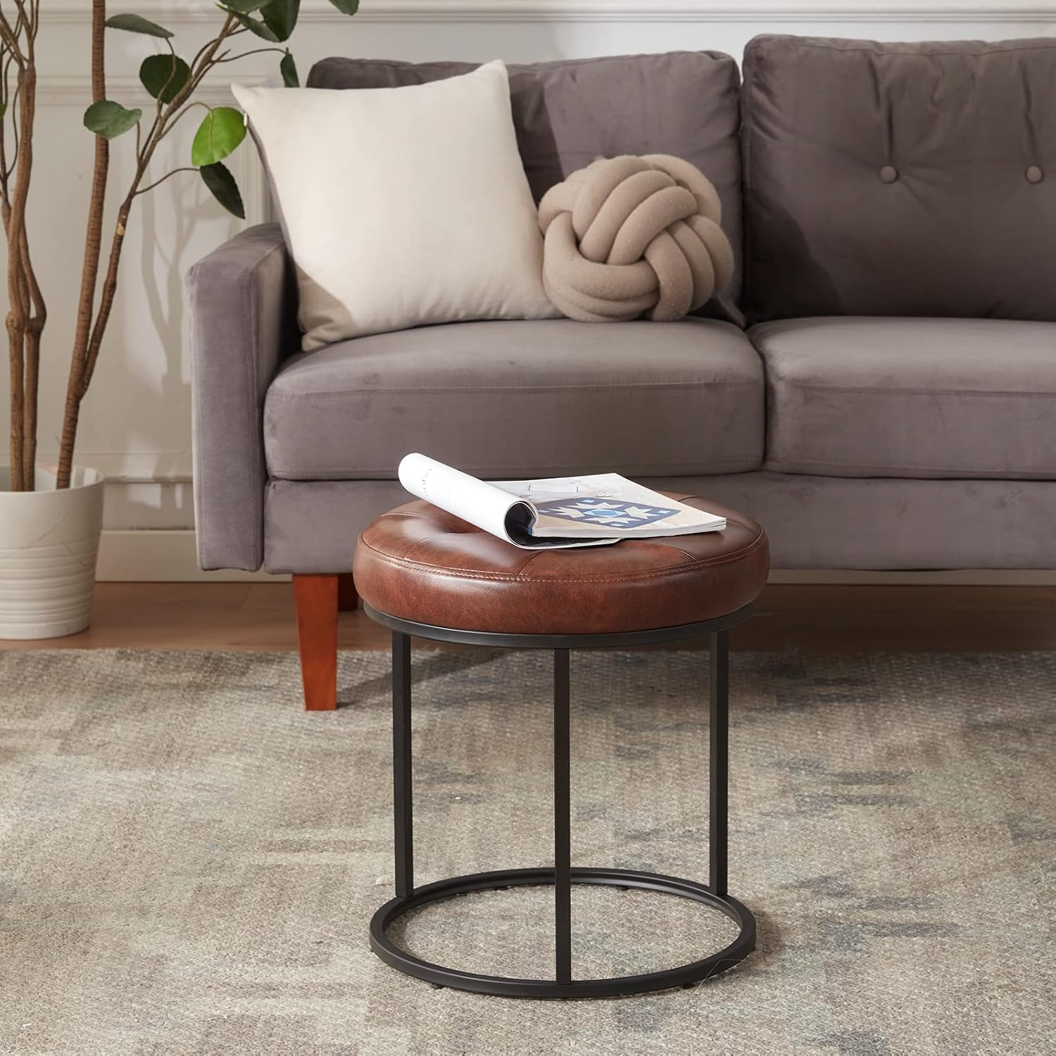 Tufted Faux Leather Vanity Ottoman Stool