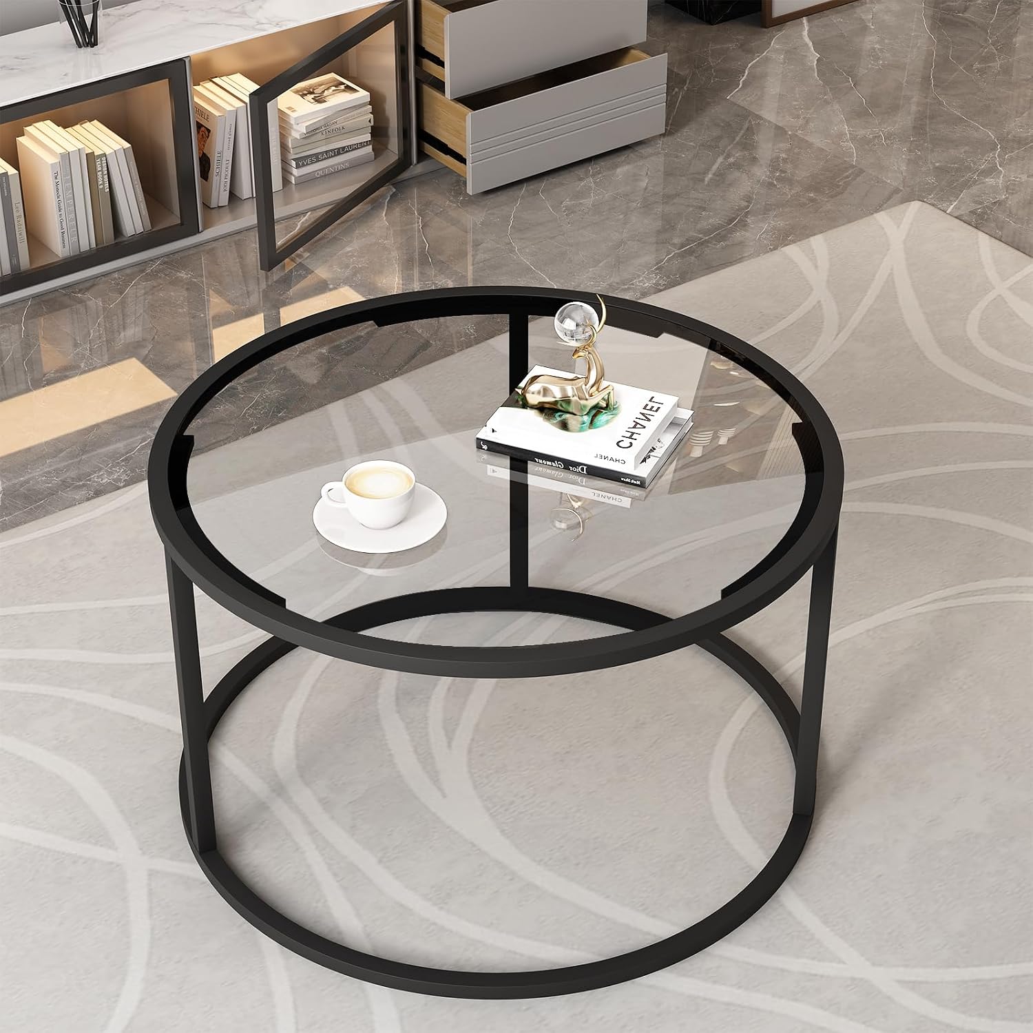 Round Glass Metal Frame Coffee Table