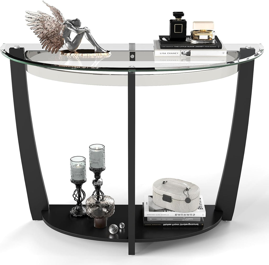 2-Tier Half Moon Glass Console Table