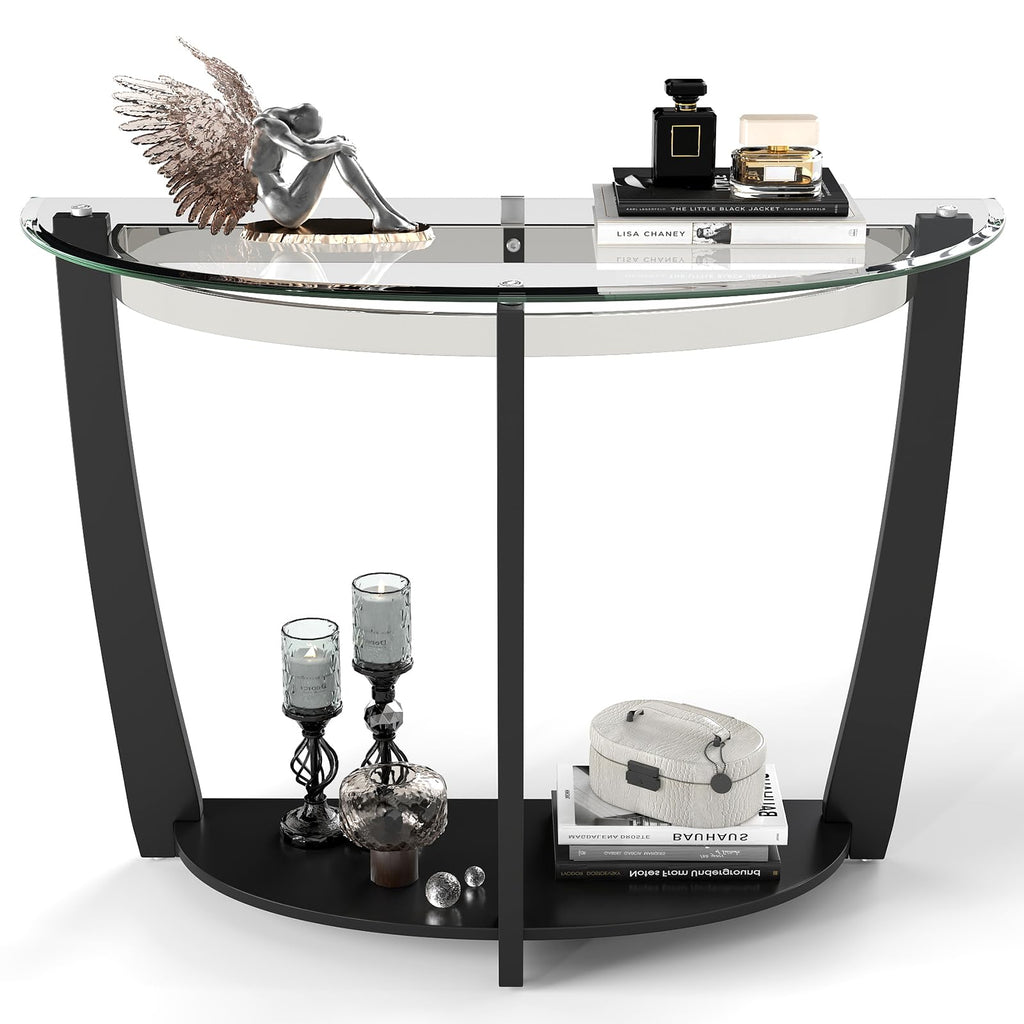 2-Tier Half Moon Glass Console Table