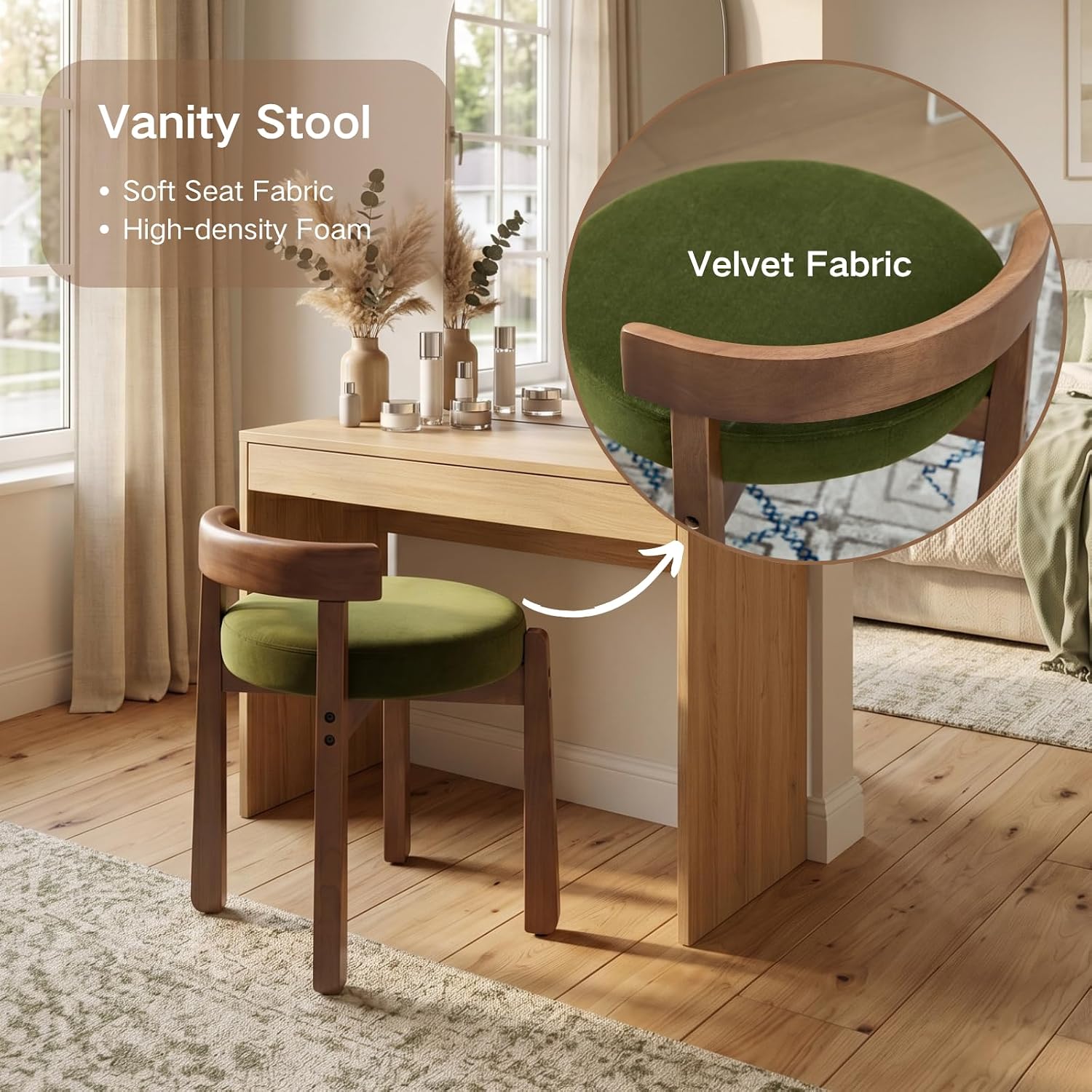 Wood Leg Velvet Round Vanity Stool