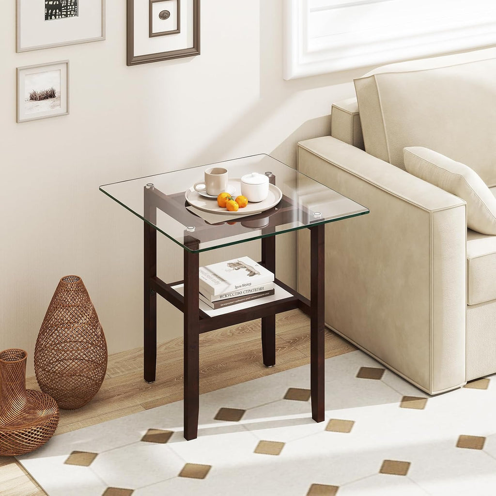 2-Tier Glass Wood Frame Side Table
