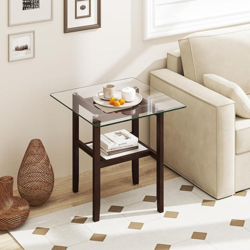 2-Tier Glass Wood Frame Side Table
