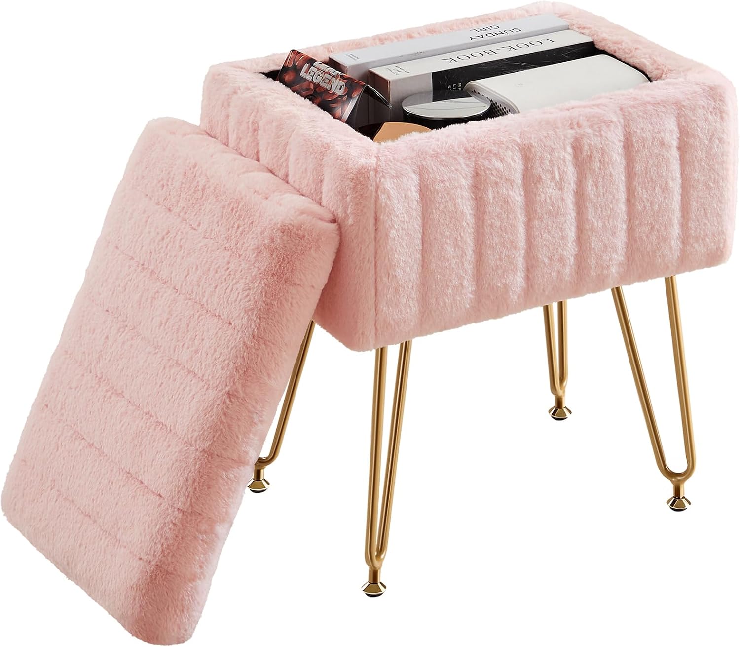 Faux Fur Storage Metal Leg Vanity Stool