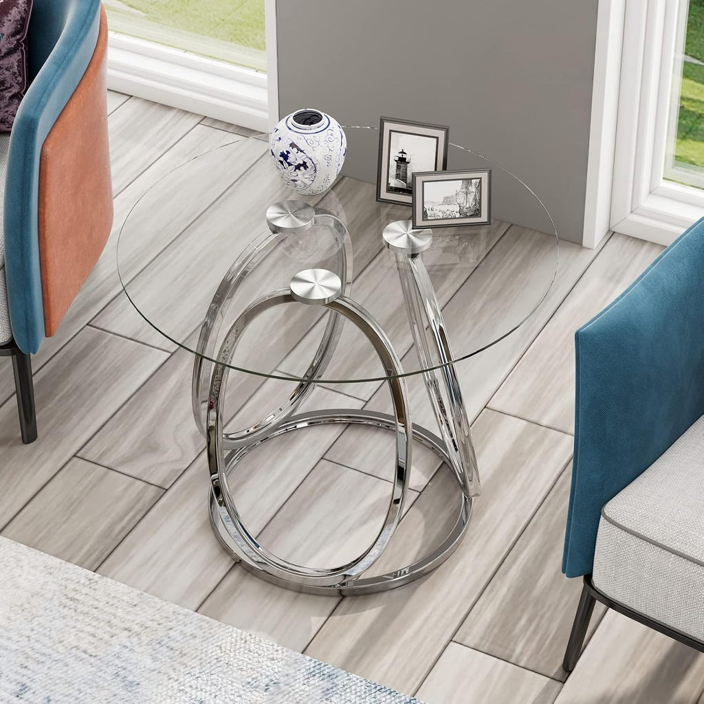 Round Glass Chrome Metal Side Table