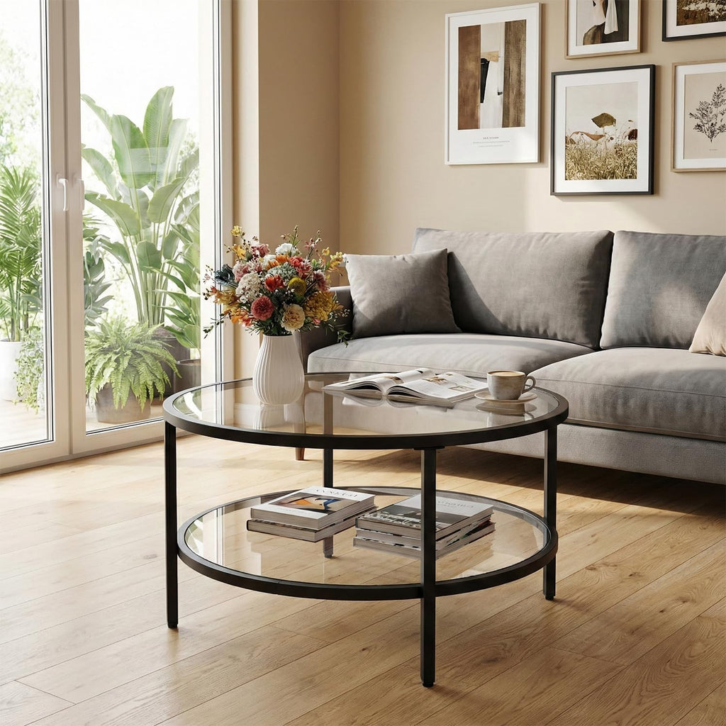 2-Tier Round Glass Metal End Table