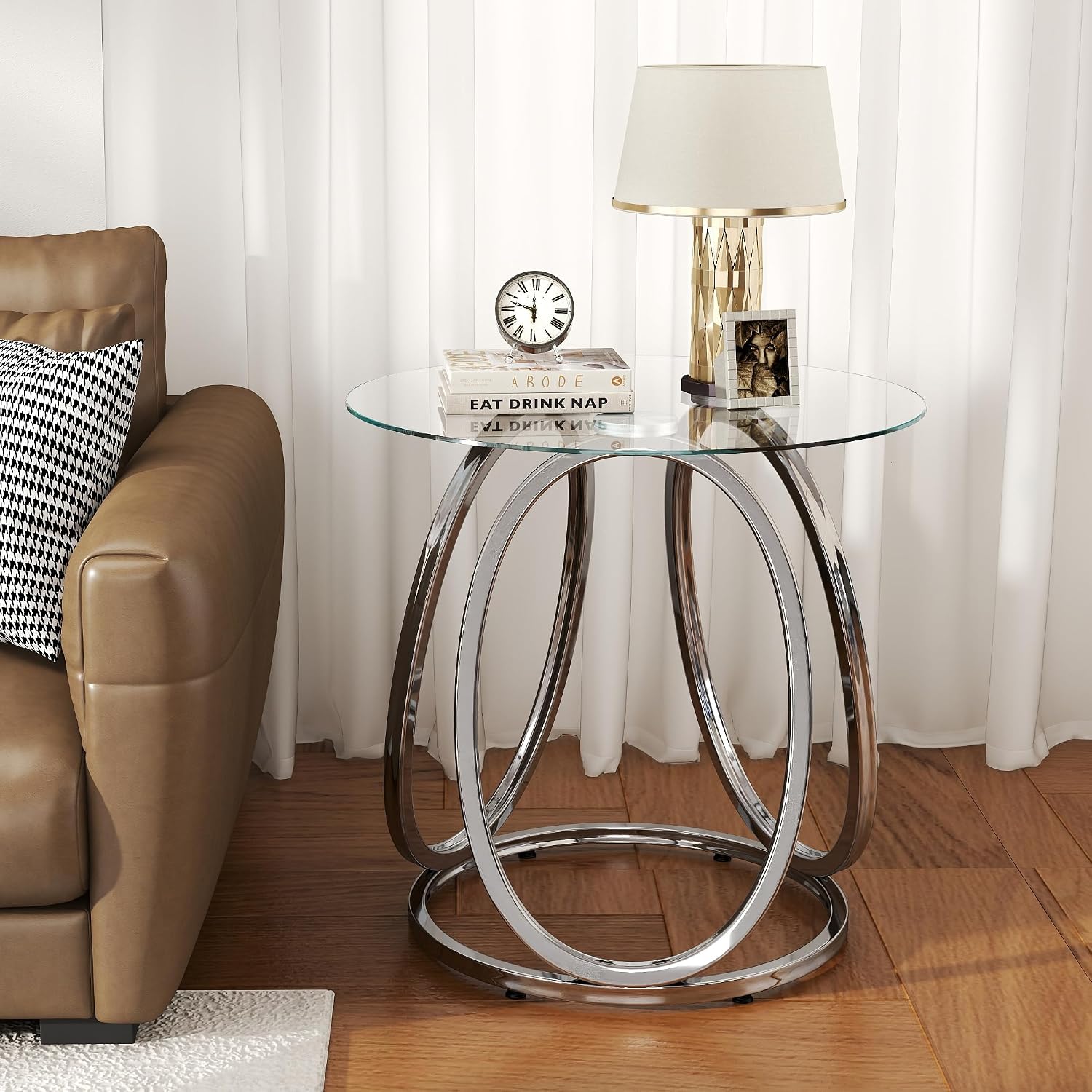 Round Glass Chrome Metal Side Table