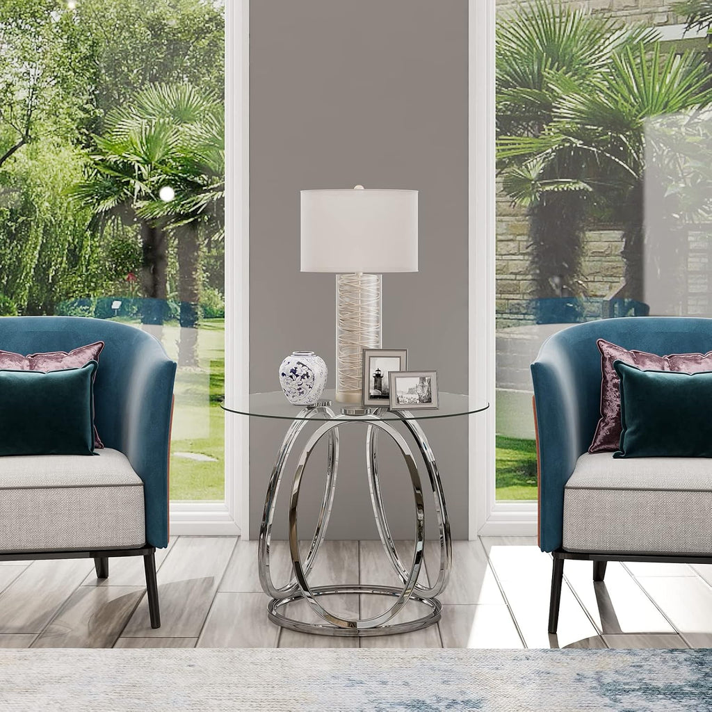 Round Glass Chrome Metal Side Table