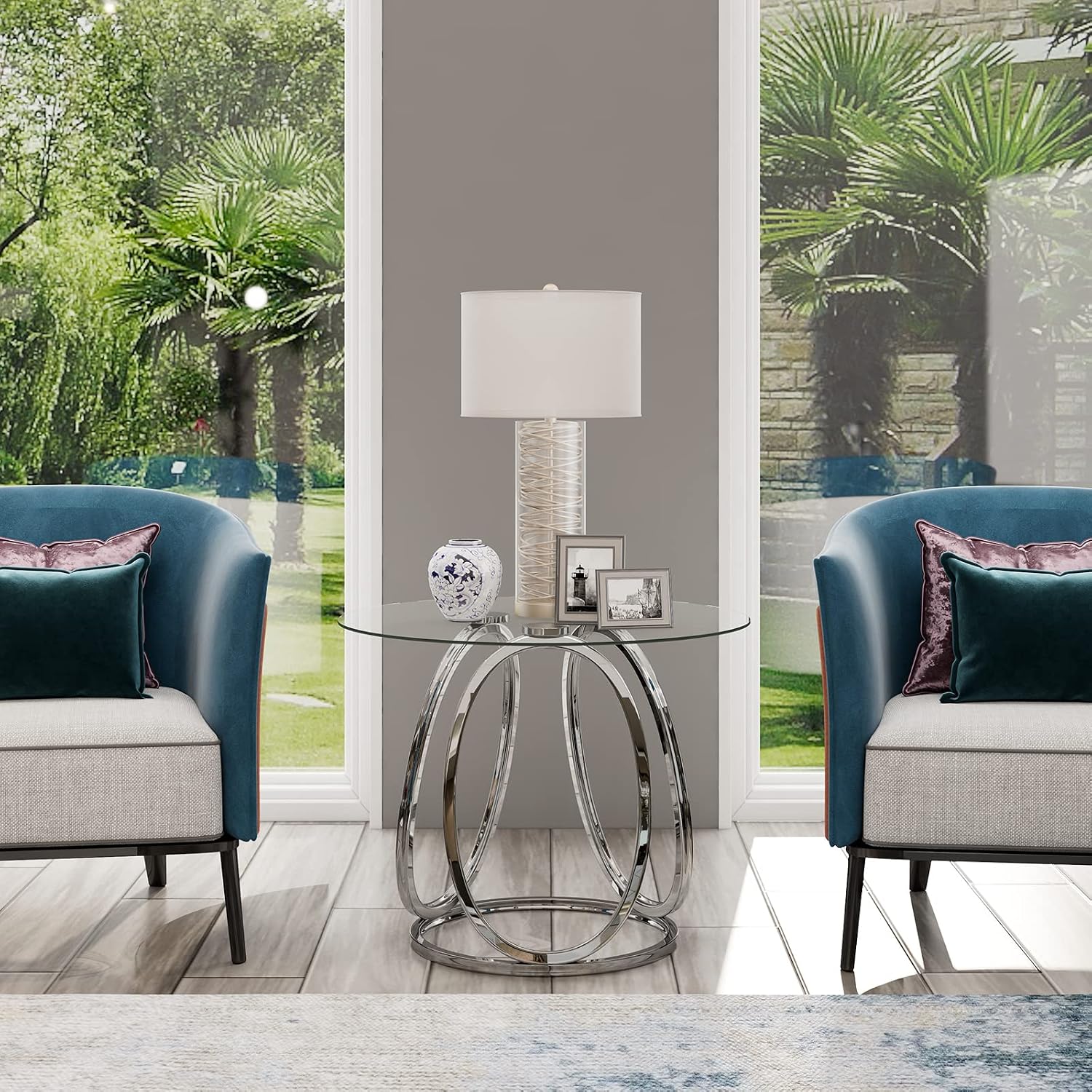 Round Glass Chrome Metal Side Table
