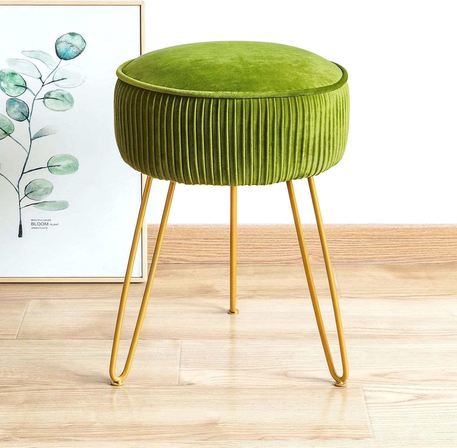 Pleated Velvet Metal Leg Vanity Stool