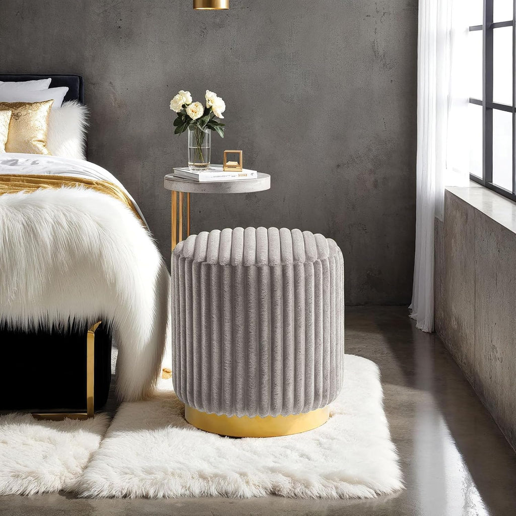Gold Base Tufted Round Fur Stool