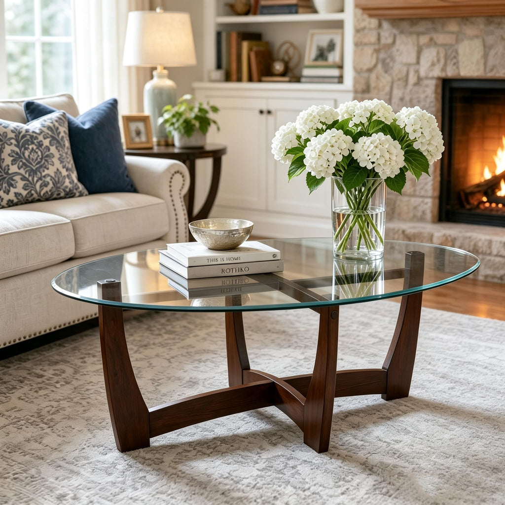 Oval Glass Wood Base Coffee Table