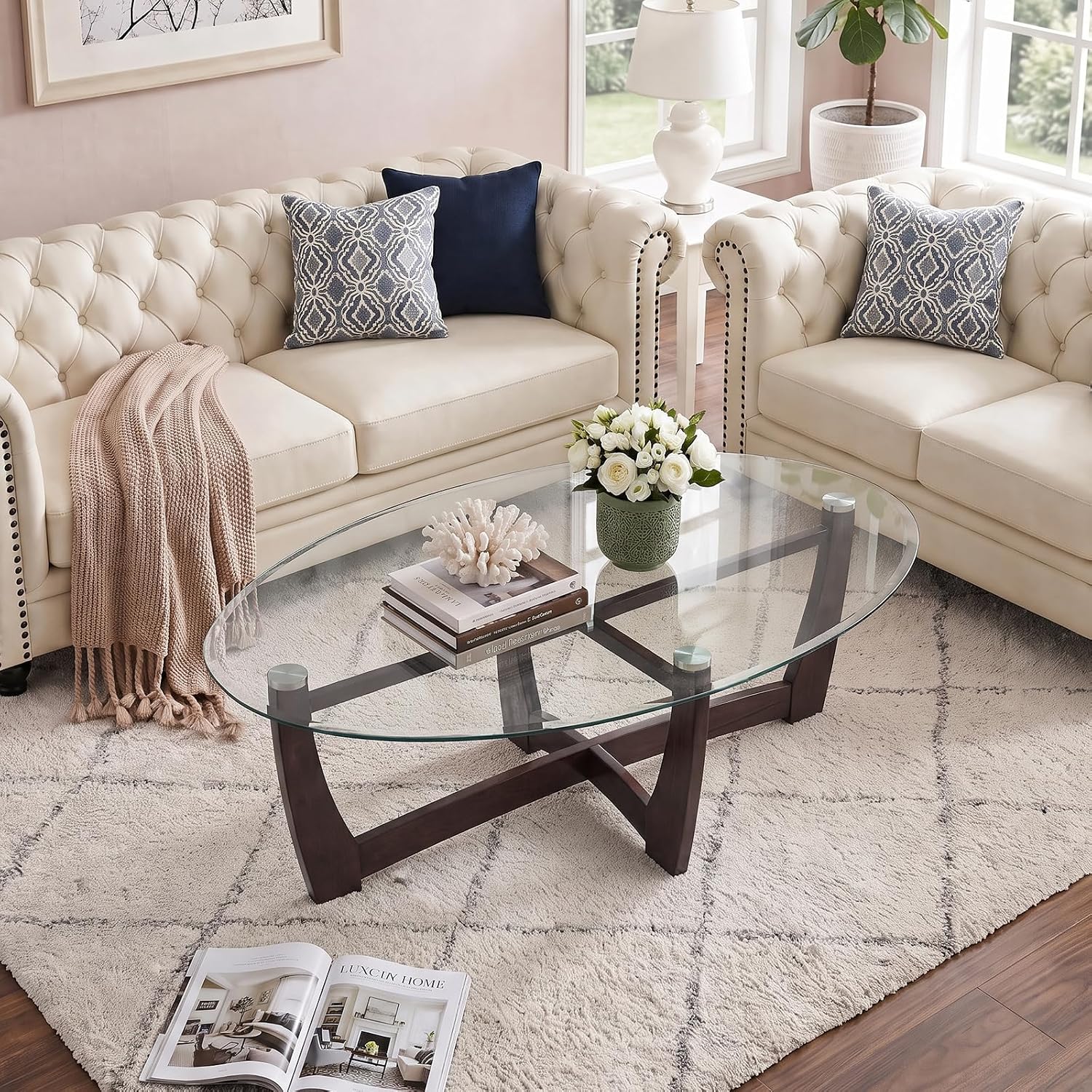 Oval Glass Wood Base Coffee Table