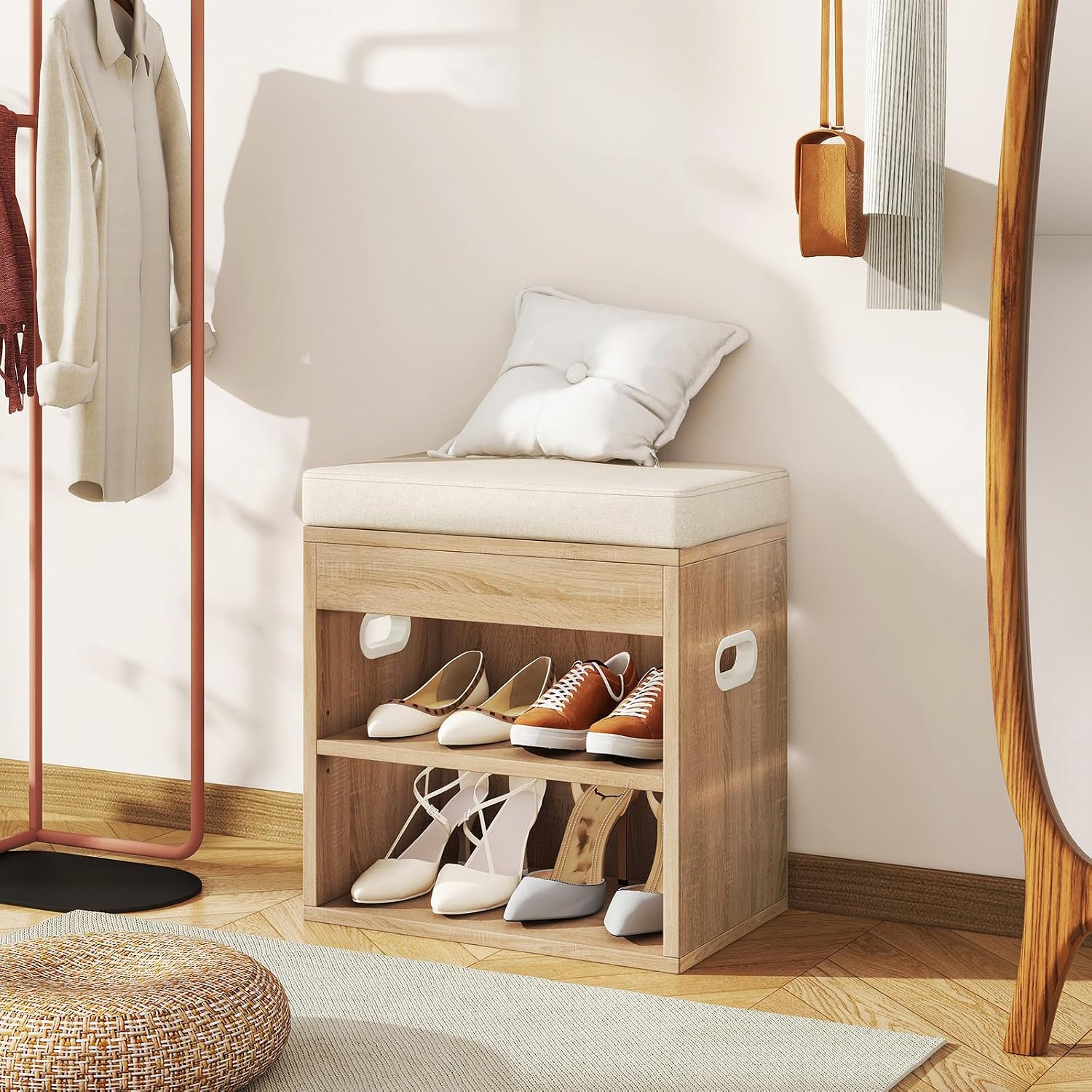 Wood Cushioned Drawer Shoe Storage Bench
