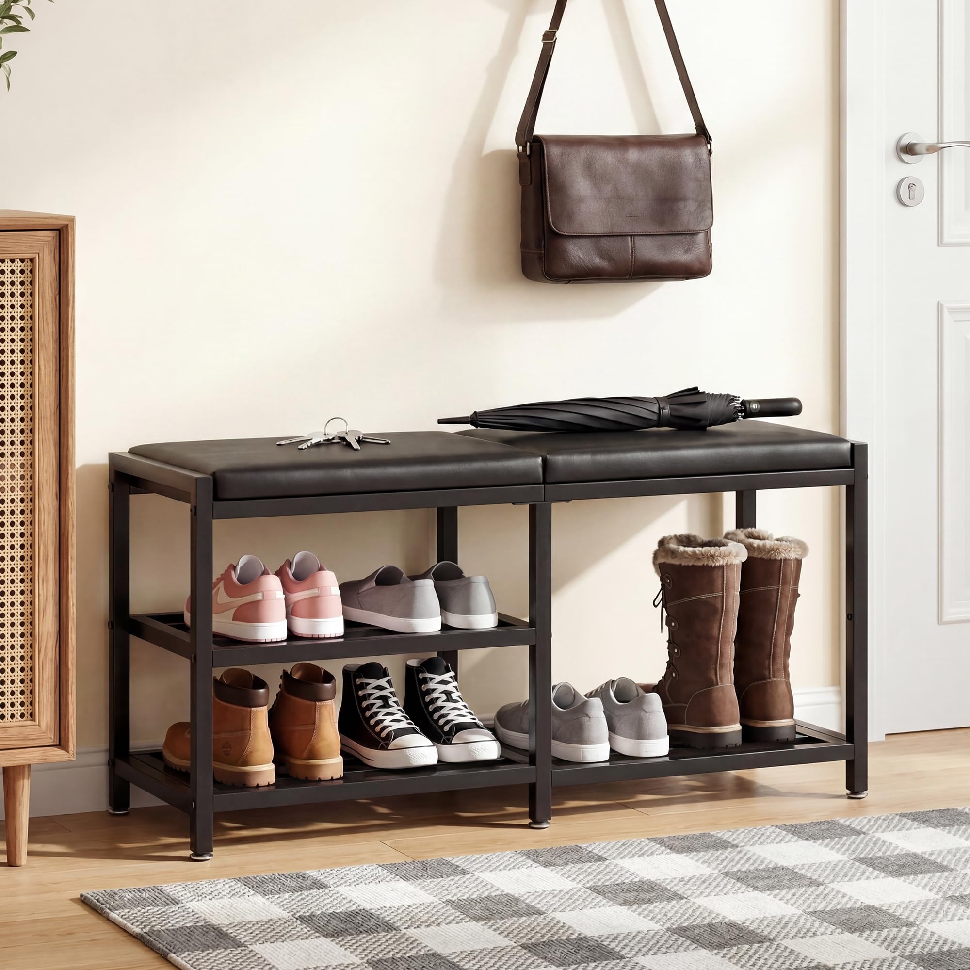 Iron Padded Entryway Shoe Bench Rack