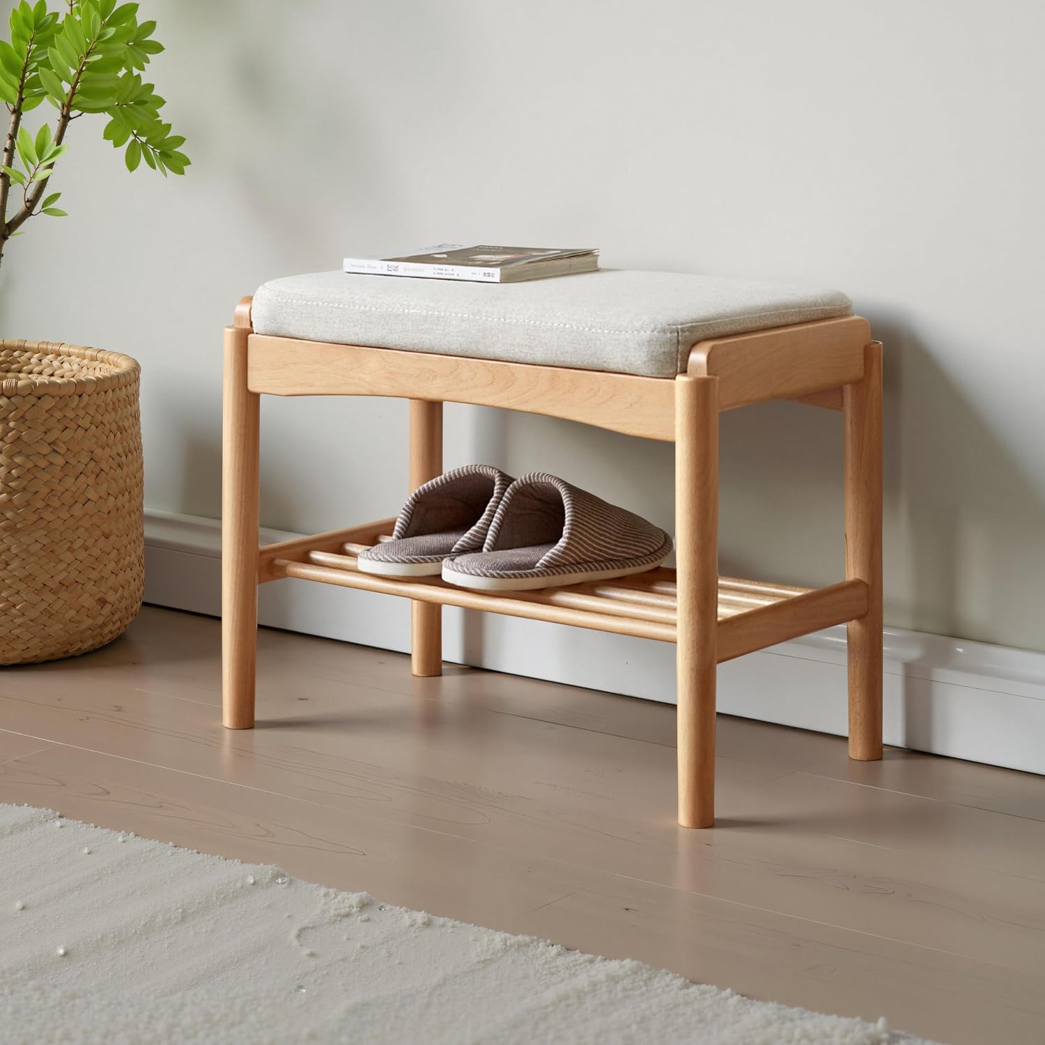 Oak Cushioned Small Entryway Shoe Bench