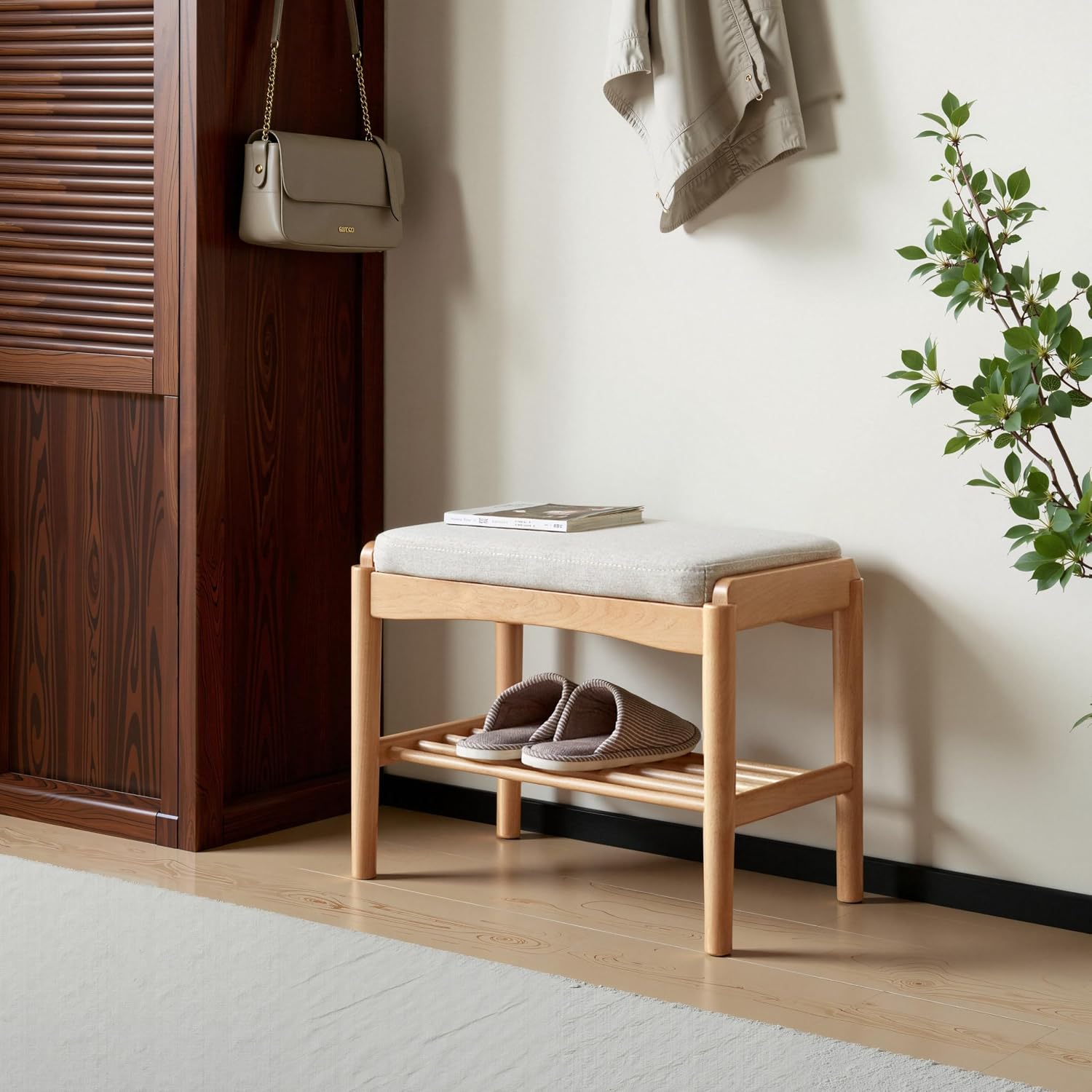 Oak Cushioned Small Entryway Shoe Bench