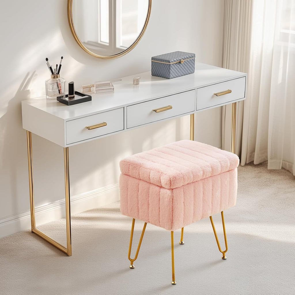 Faux Fur Storage Metal Leg Vanity Stool