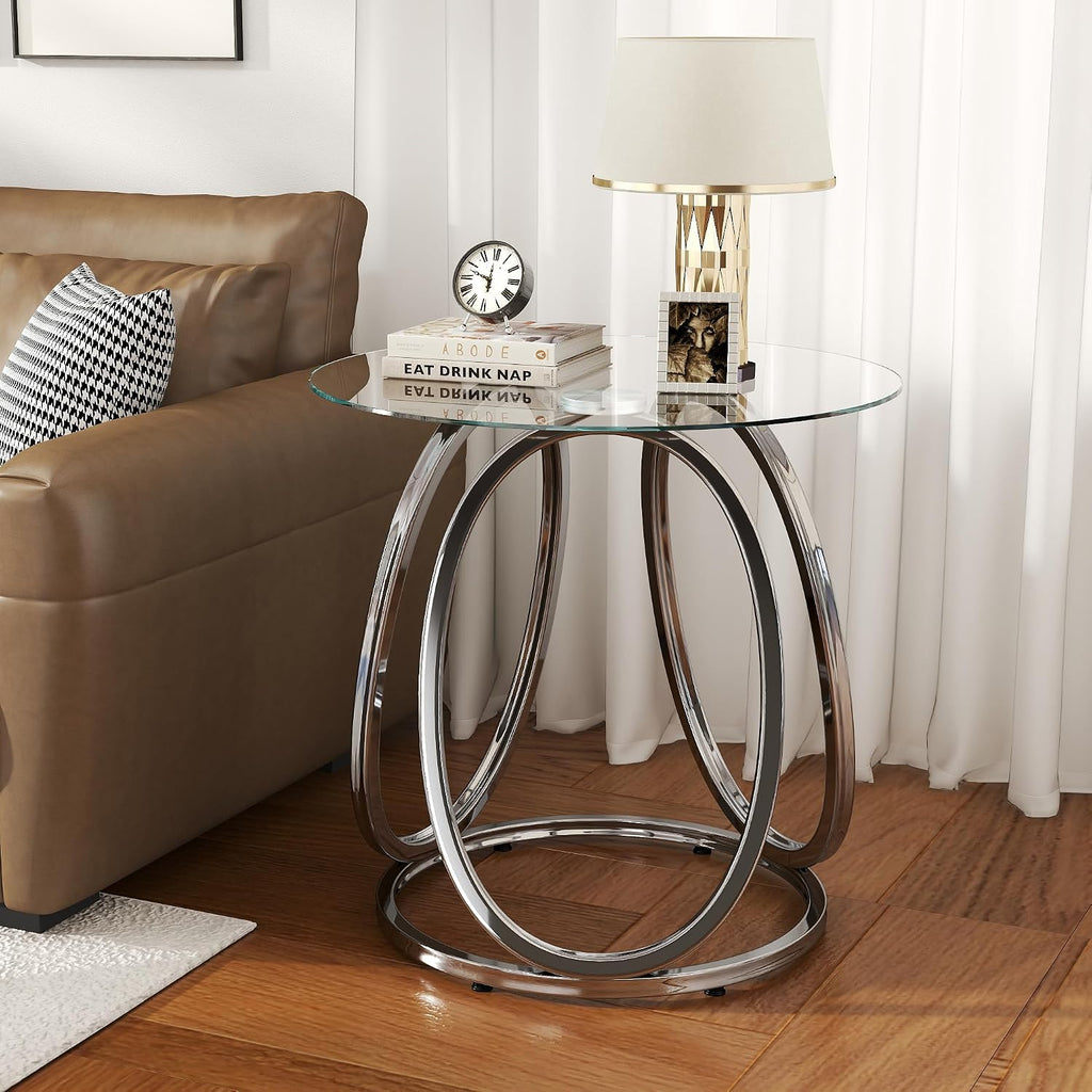 Round Glass Chrome Metal Side Table