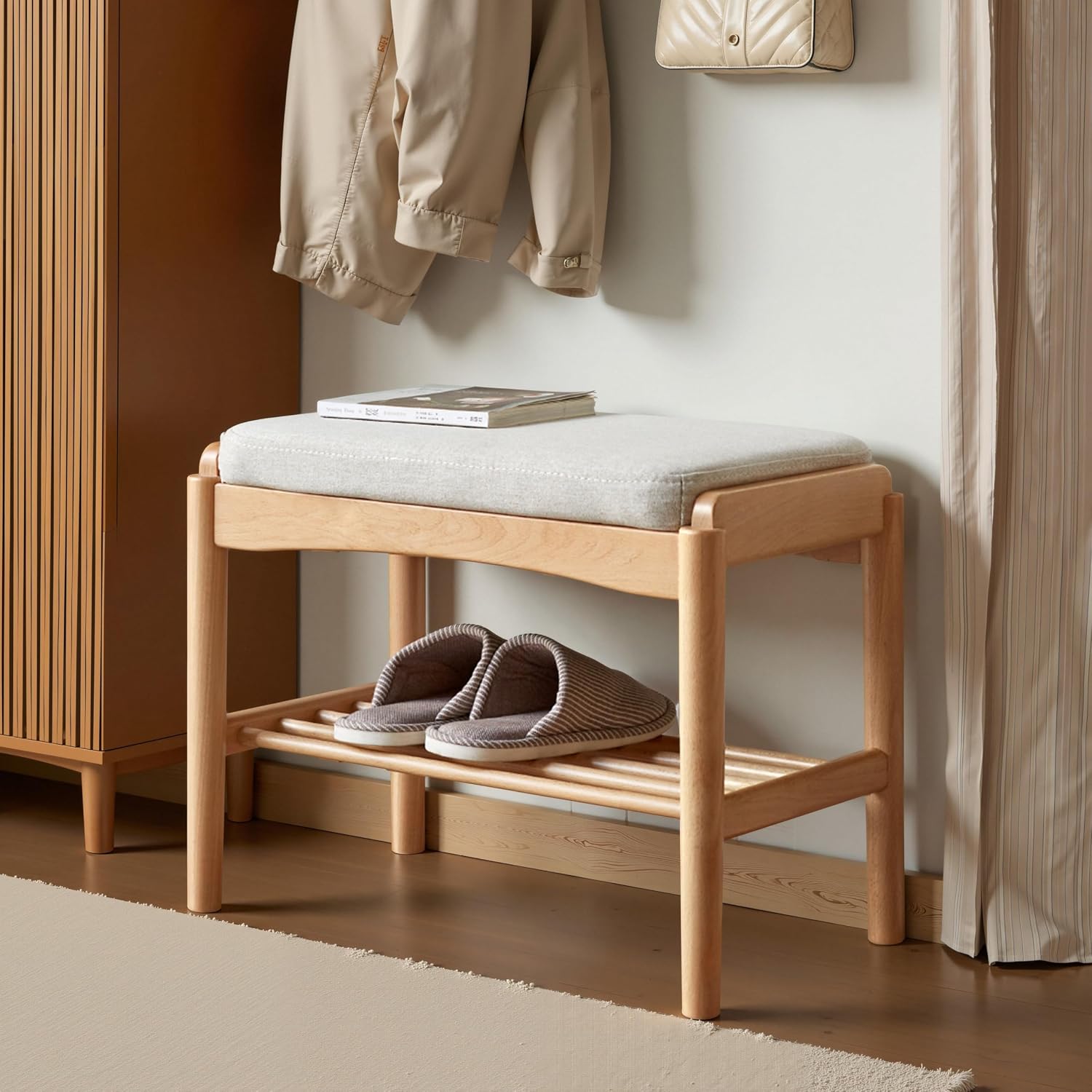 Oak Cushioned Small Entryway Shoe Bench