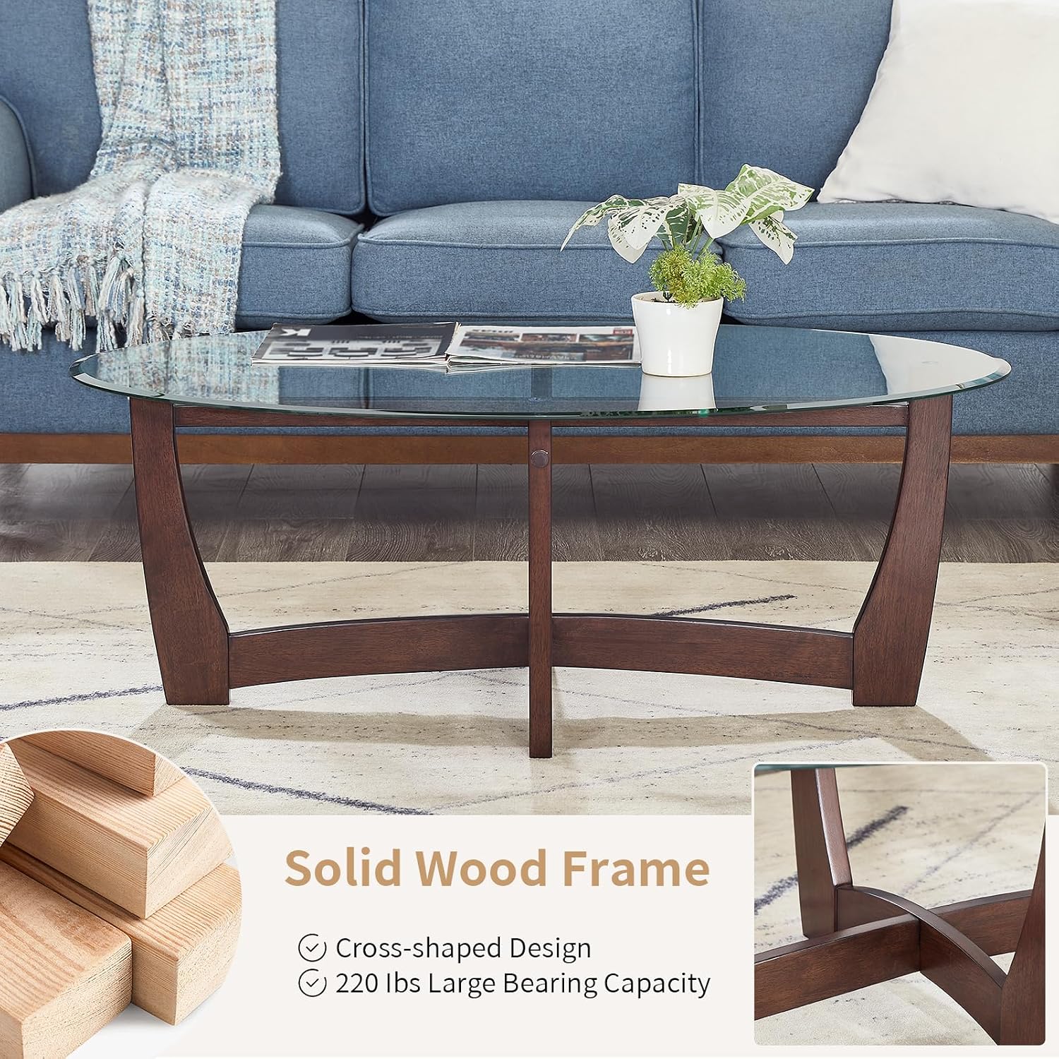 Oval Glass Wood Base Coffee Table