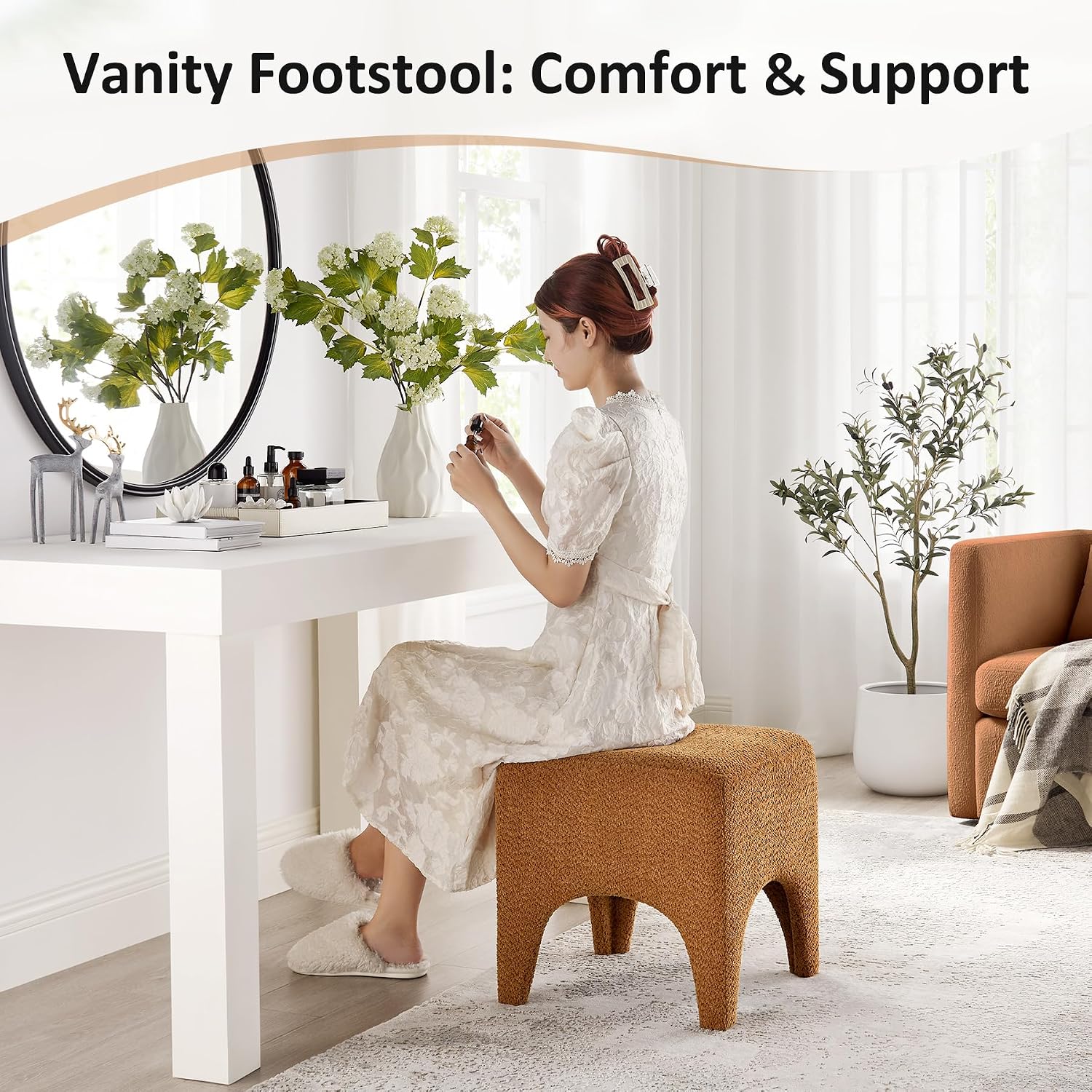 Boucle Square Upholstered Ottoman Stool