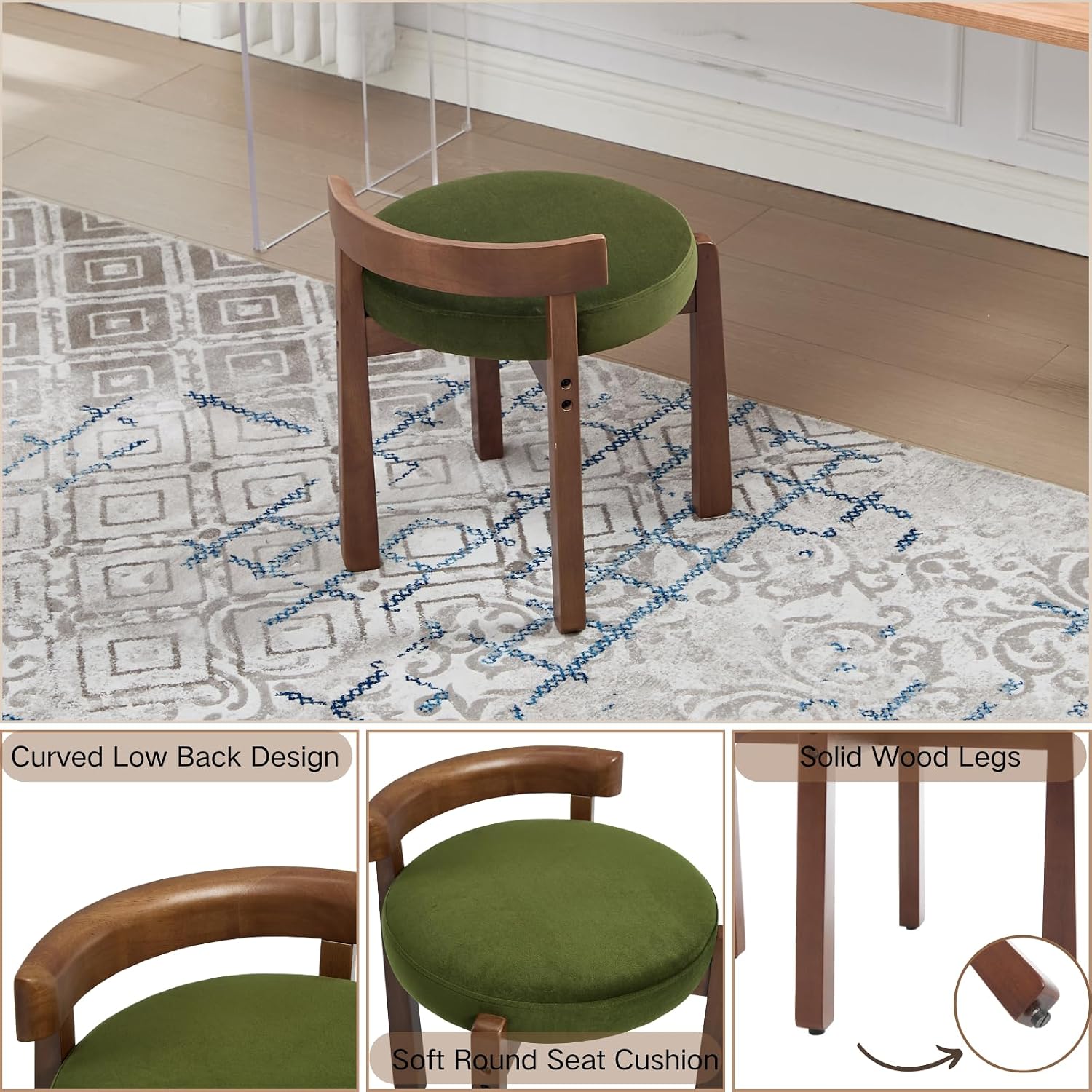 Wood Leg Velvet Round Vanity Stool