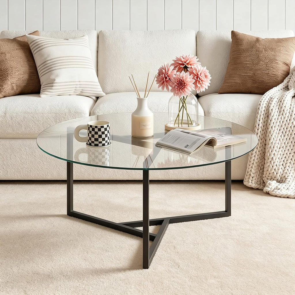 Round Glass Triangle Frame Coffee Table