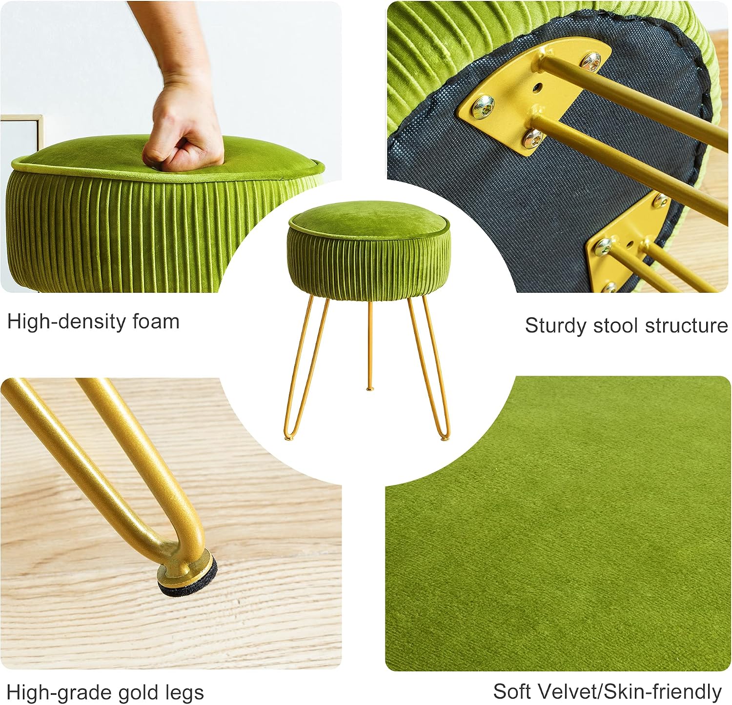 Pleated Velvet Metal Leg Vanity Stool
