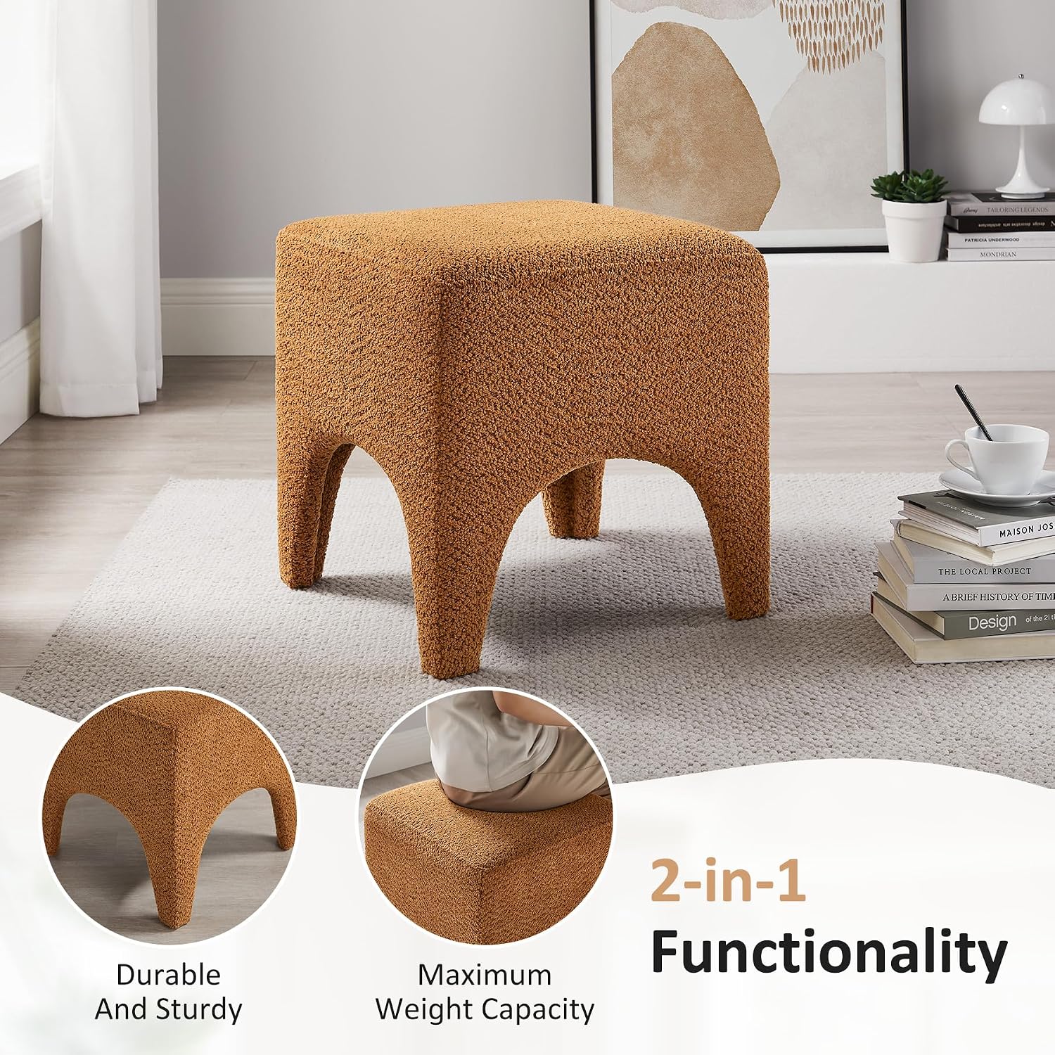 Boucle Square Upholstered Ottoman Stool