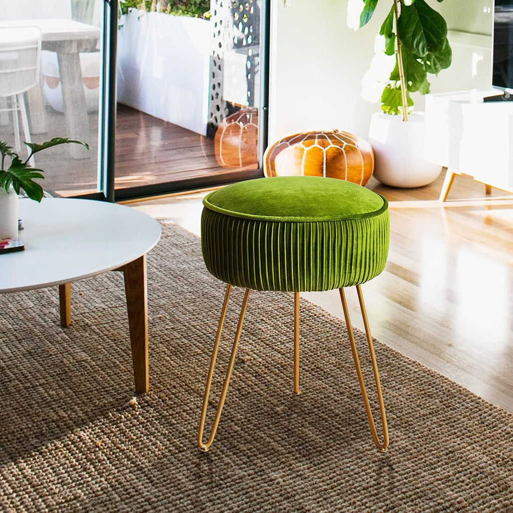 Pleated Velvet Metal Leg Vanity Stool