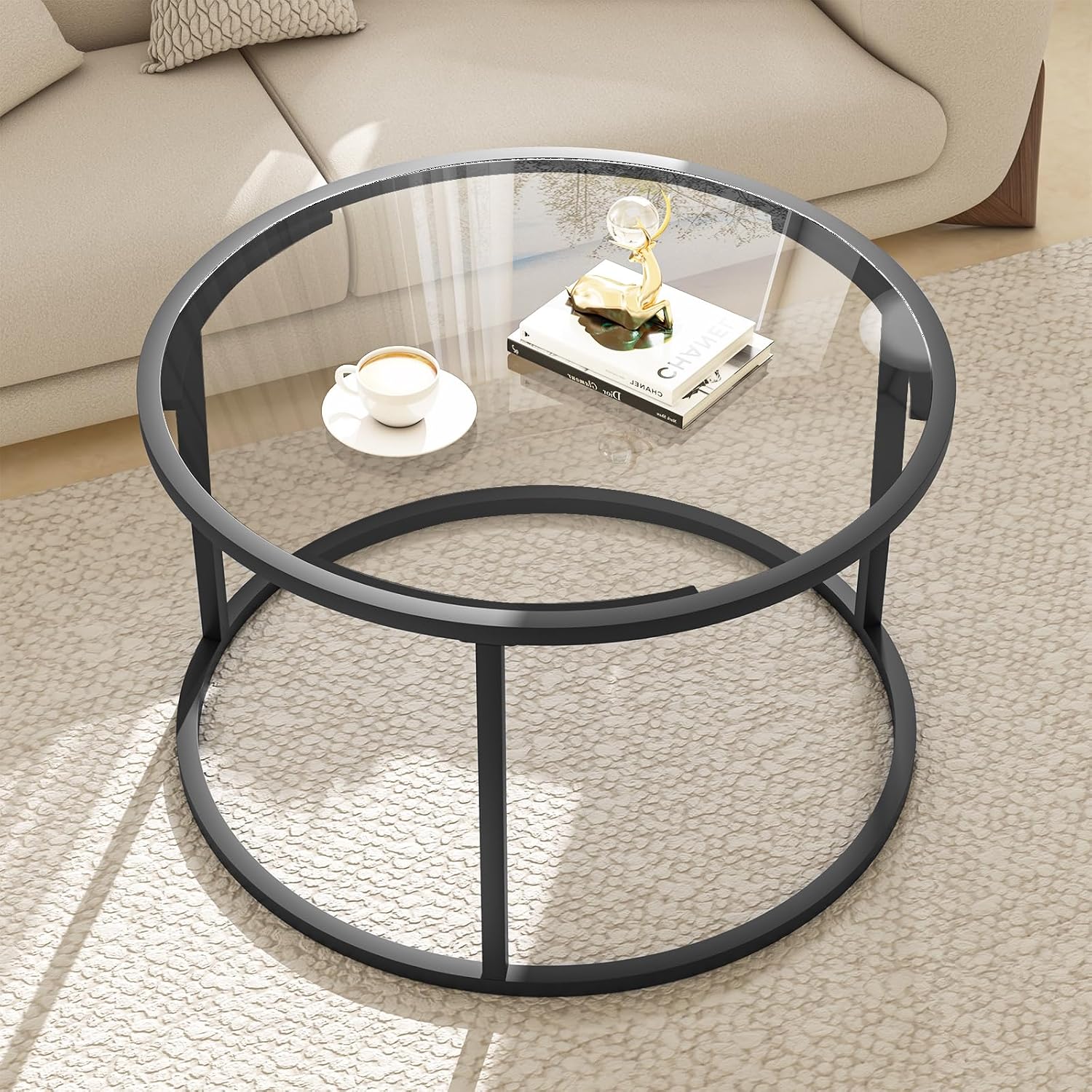 Round Glass Metal Frame Coffee Table