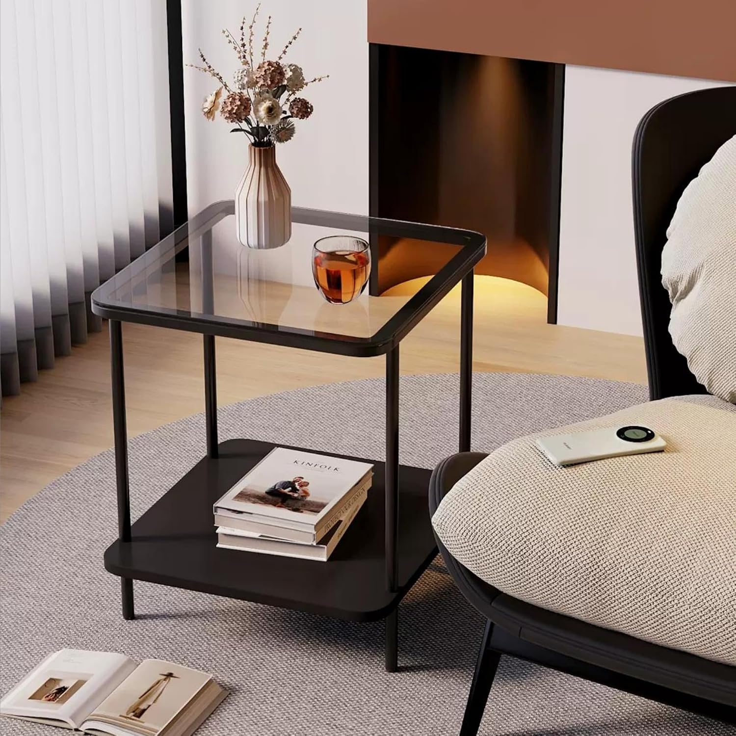 Square Glass Drawer Storage End Table