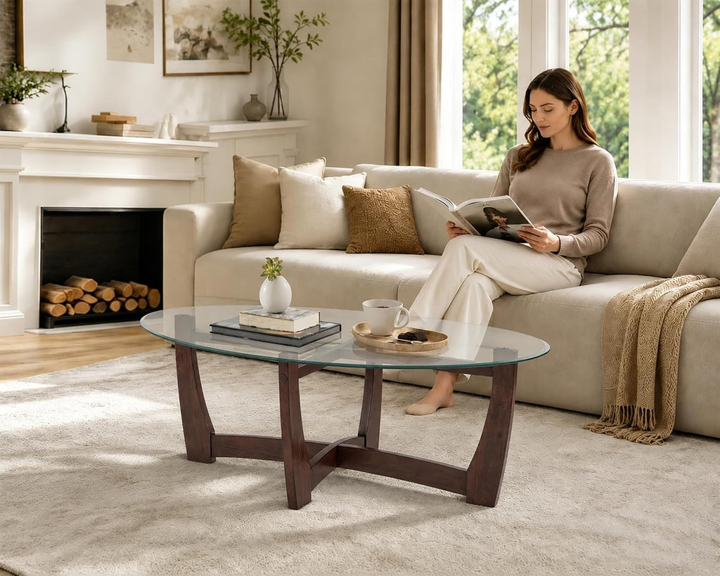Oval Glass Wood Base Coffee Table