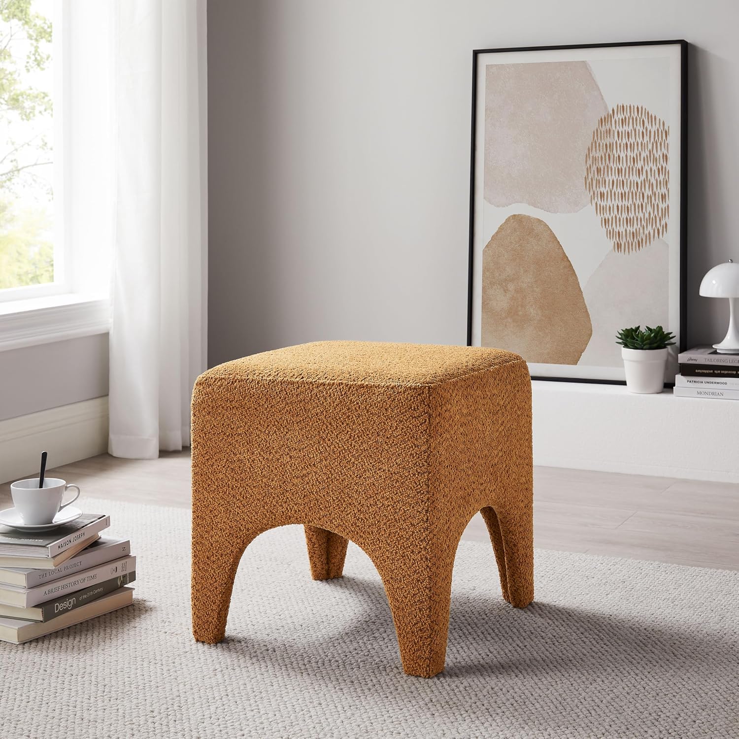 Boucle Square Upholstered Ottoman Stool