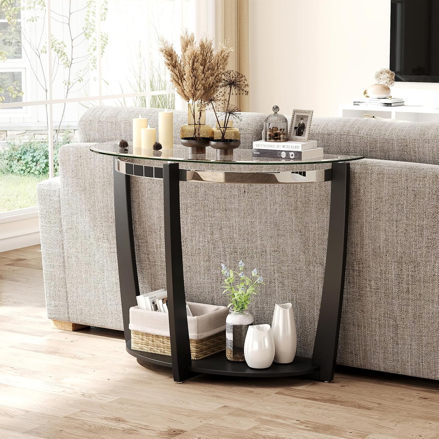 2-Tier Half Moon Glass Console Table